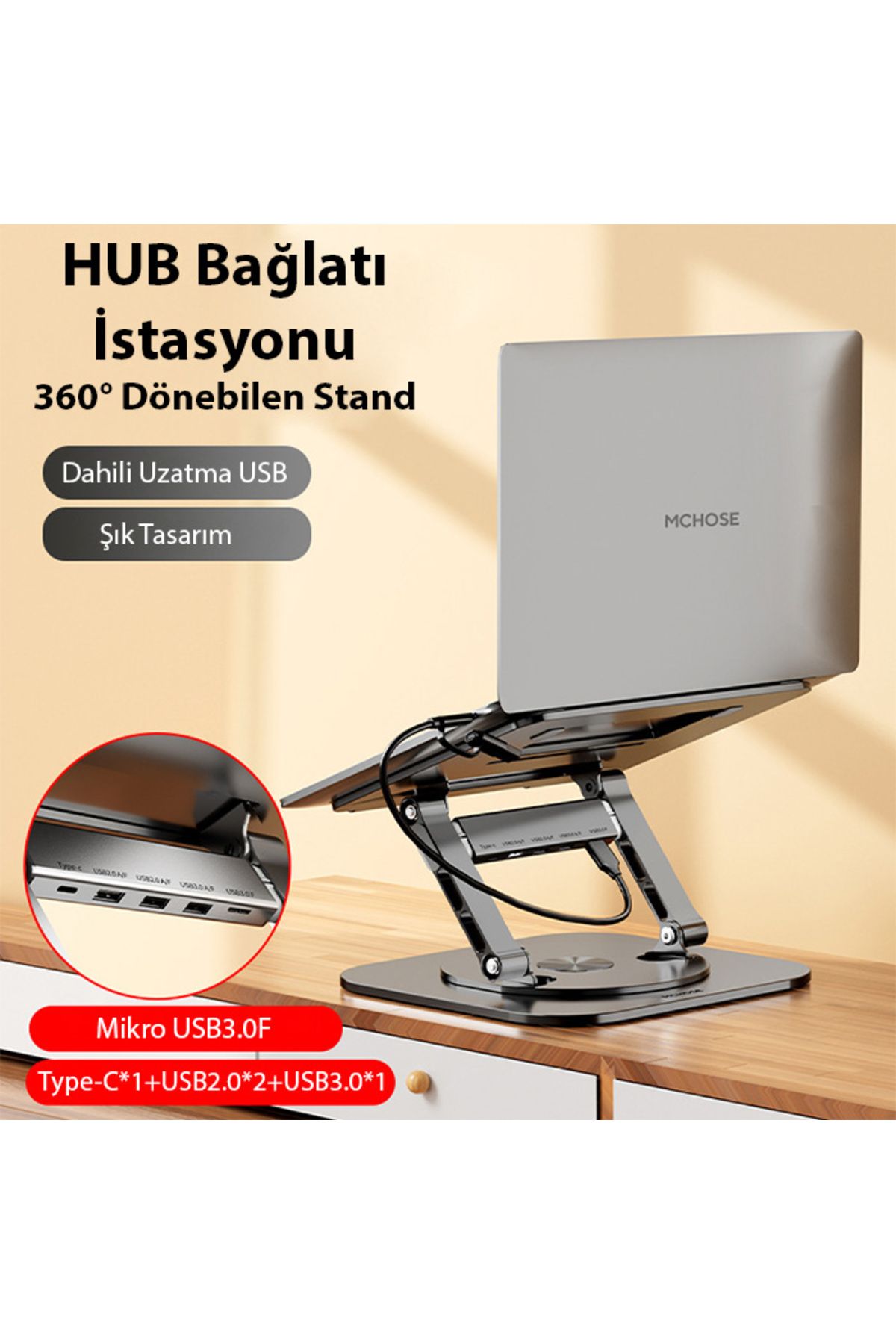 bestdijital MC LS928HUB Masaüstü 360° Dönebilen Laptop Standı Hub