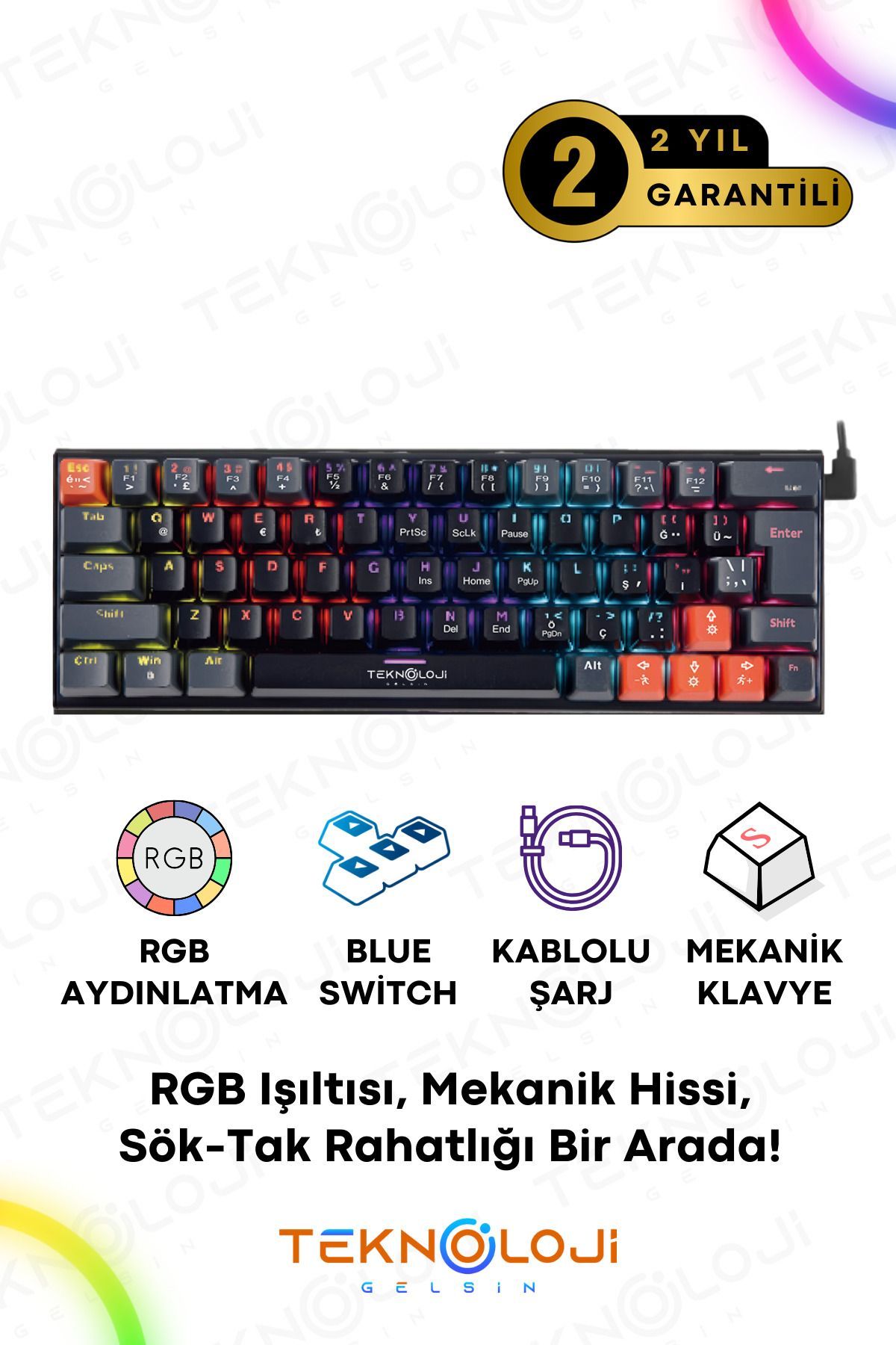 Teknoloji Gelsin Mekanik Oyuncu Klavyesi Blue Switch 18 Farklı Rgb Modu Kablolu Gaming Klavye Tuş Sök/Tak TypeC Kablo