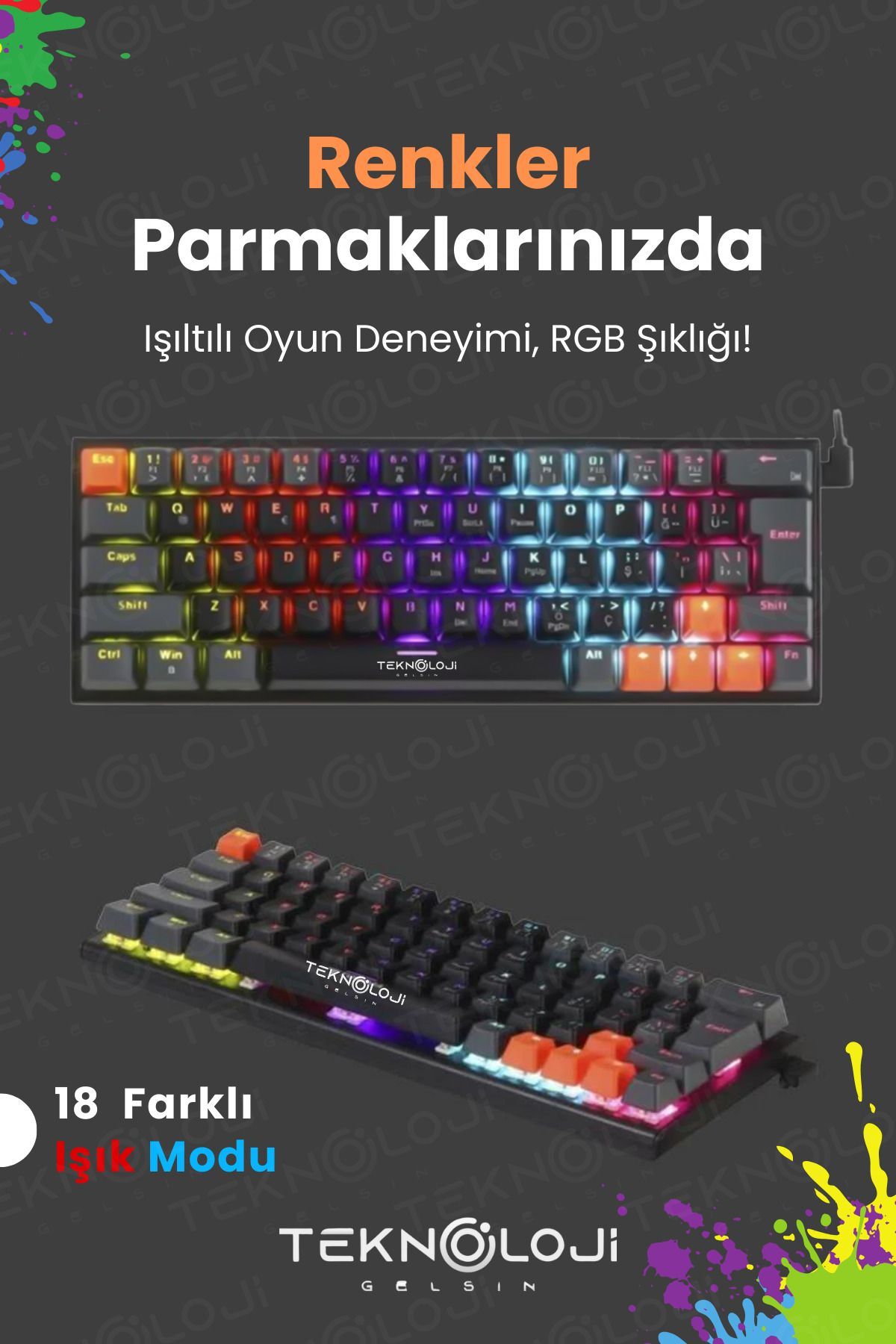 Teknoloji Gelsin Mekanik Oyuncu Klavyesi Blue Switch 18 Farklı Rgb Modu Kablolu Gaming Klavye Tuş Sök/Tak TypeC Kablo