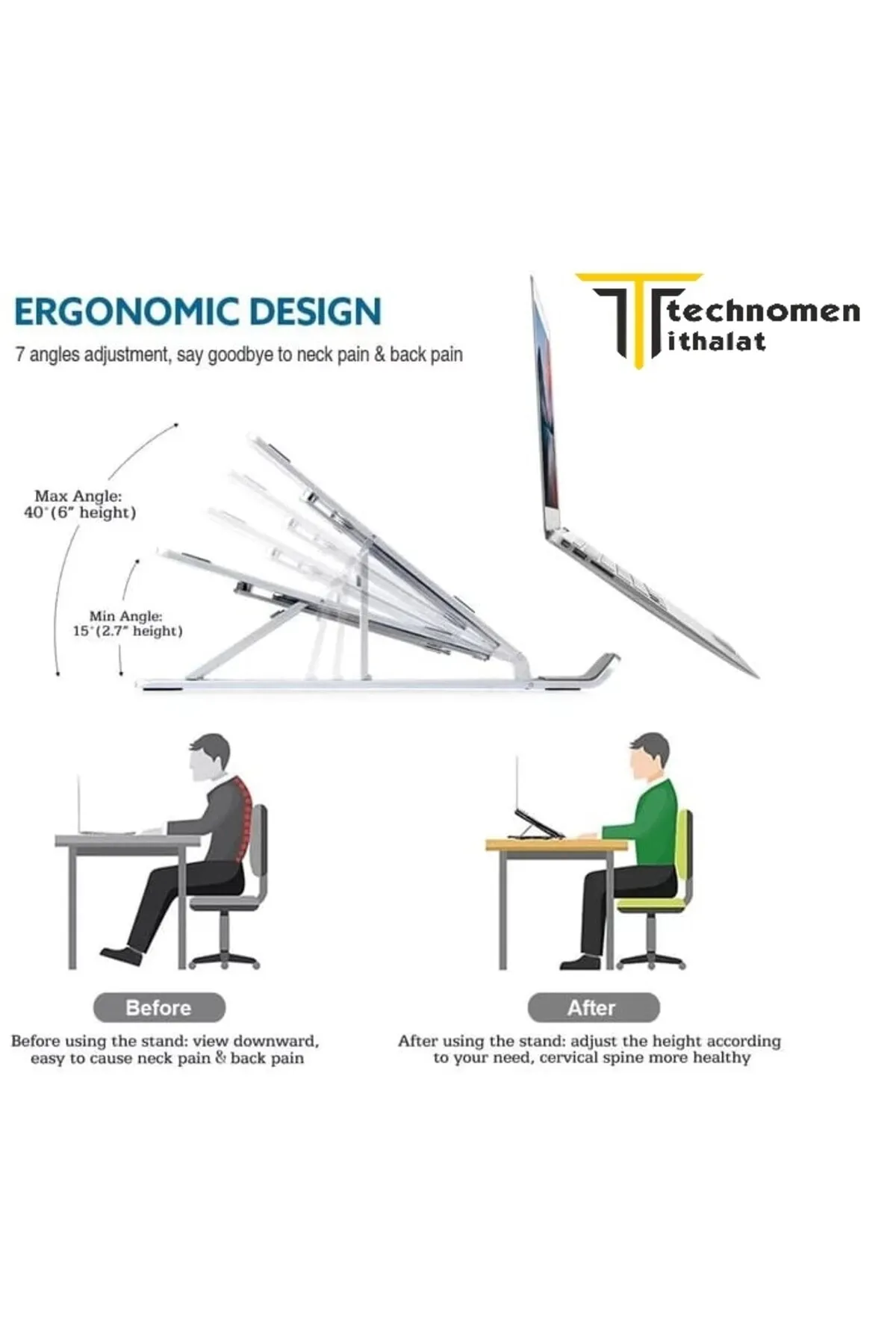 Technomen Metalik Laptop Standı 7 Kademeli Notebook Standı Tutacağı