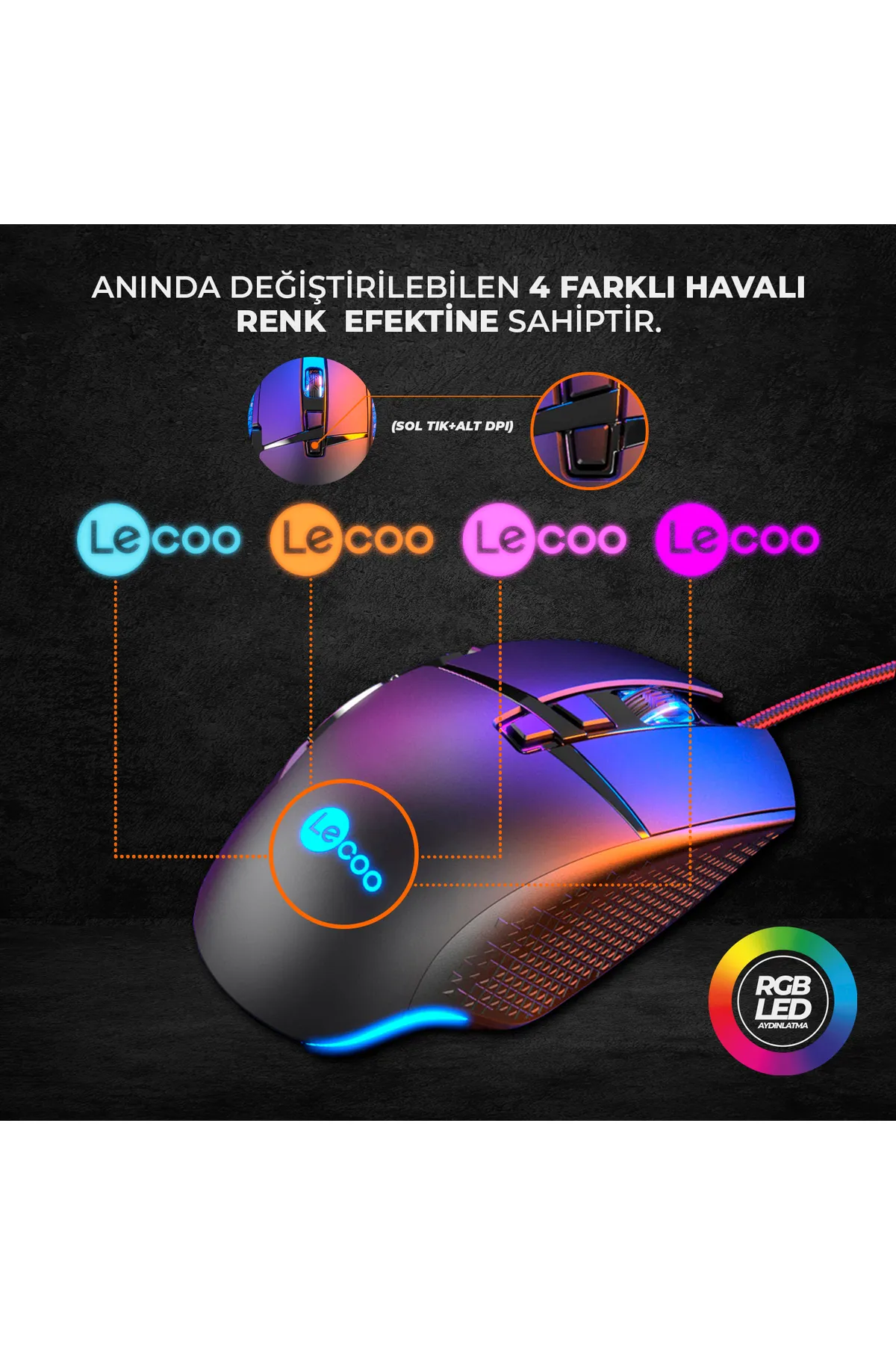 Lecoo Mg1101 Kablolu Rgb Led Aydınlatmalı 6400dpı 8 Tuşlu Gaming Optik Mouse Siyah