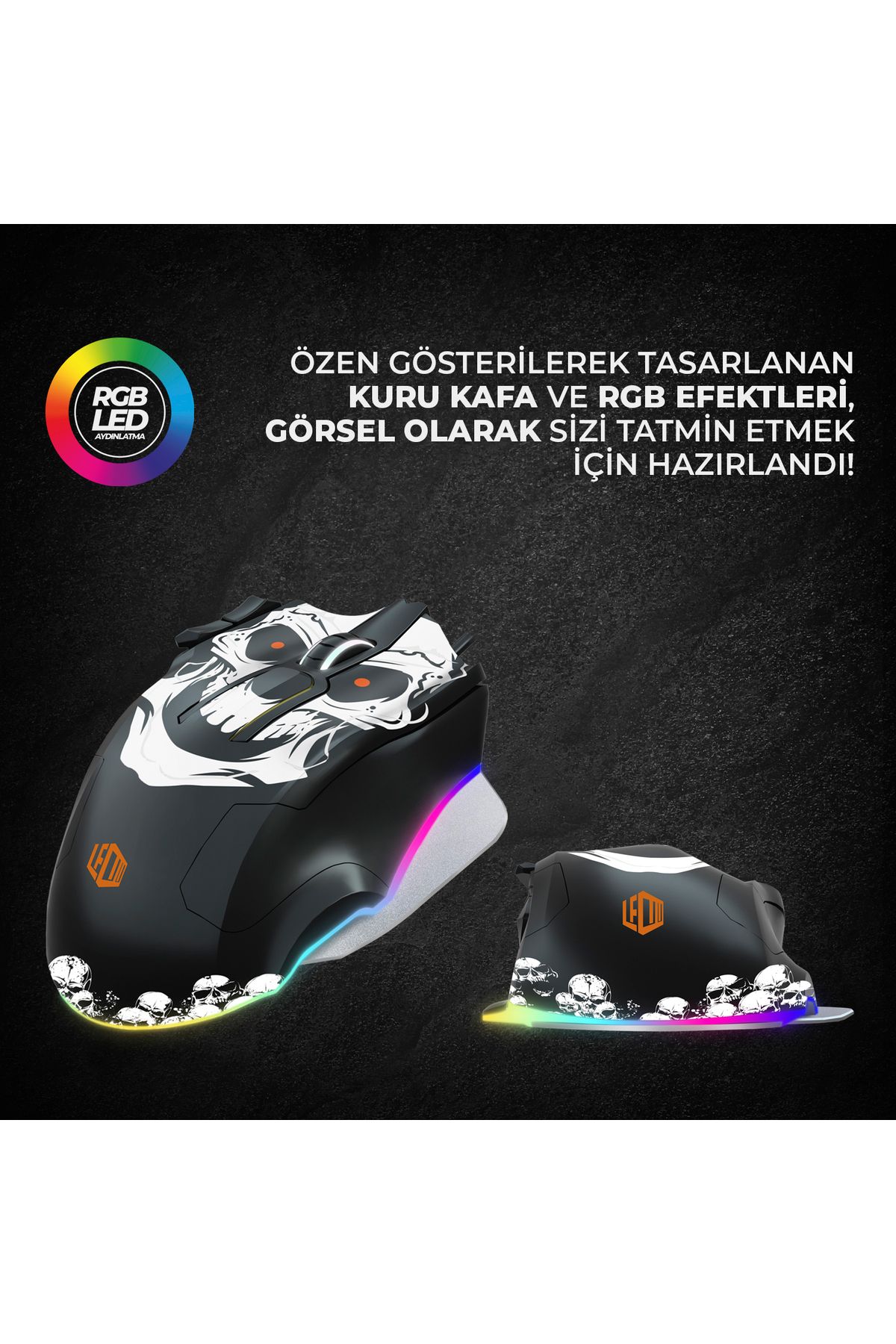 Lecoo Mg1102 Kablolu Rgb 8200dpı 10 Makro Tuşlu Kuru Kafa Desenli Gaming Optik Mouse Ve Mouse Pad Siyah