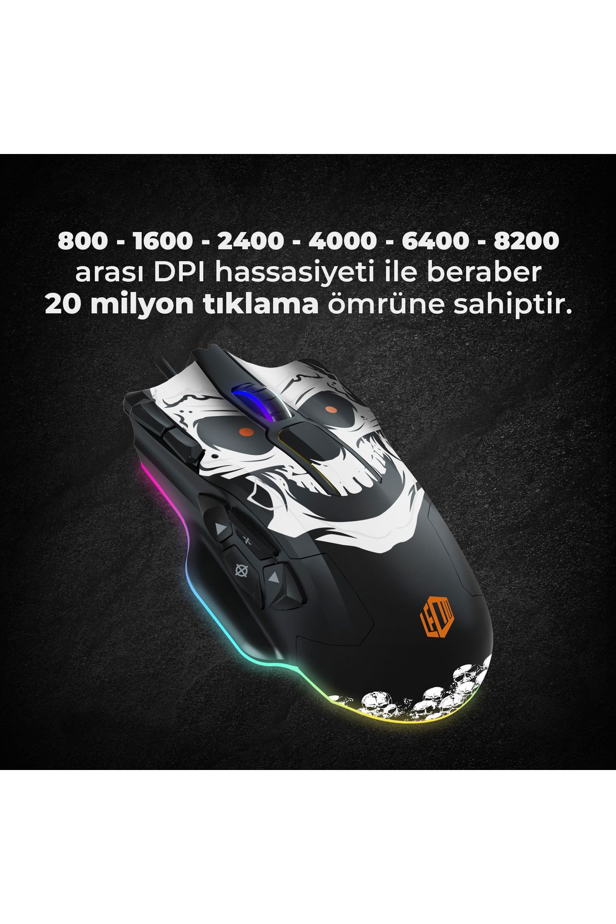 Lecoo Mg1102 Kablolu Rgb 8200dpı 10 Makro Tuşlu Kuru Kafa Desenli Gaming Optik Mouse Ve Mouse Pad Siyah