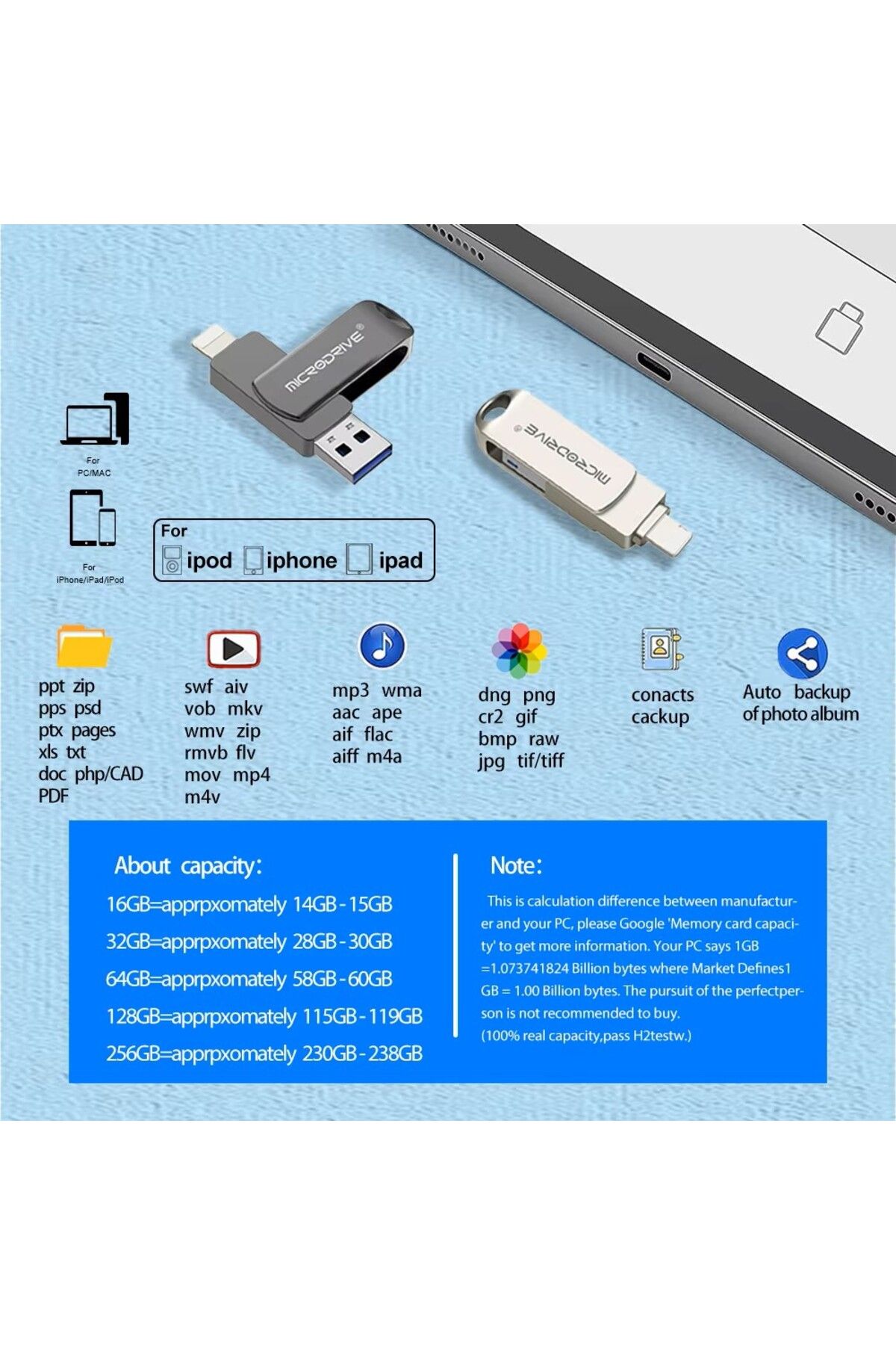 Laula MicroDrive 128 GB / 64 GB İphone Lightning ve USB 3.0 USB Flash Bellek Otg Çift Giriş Hızlı Premium