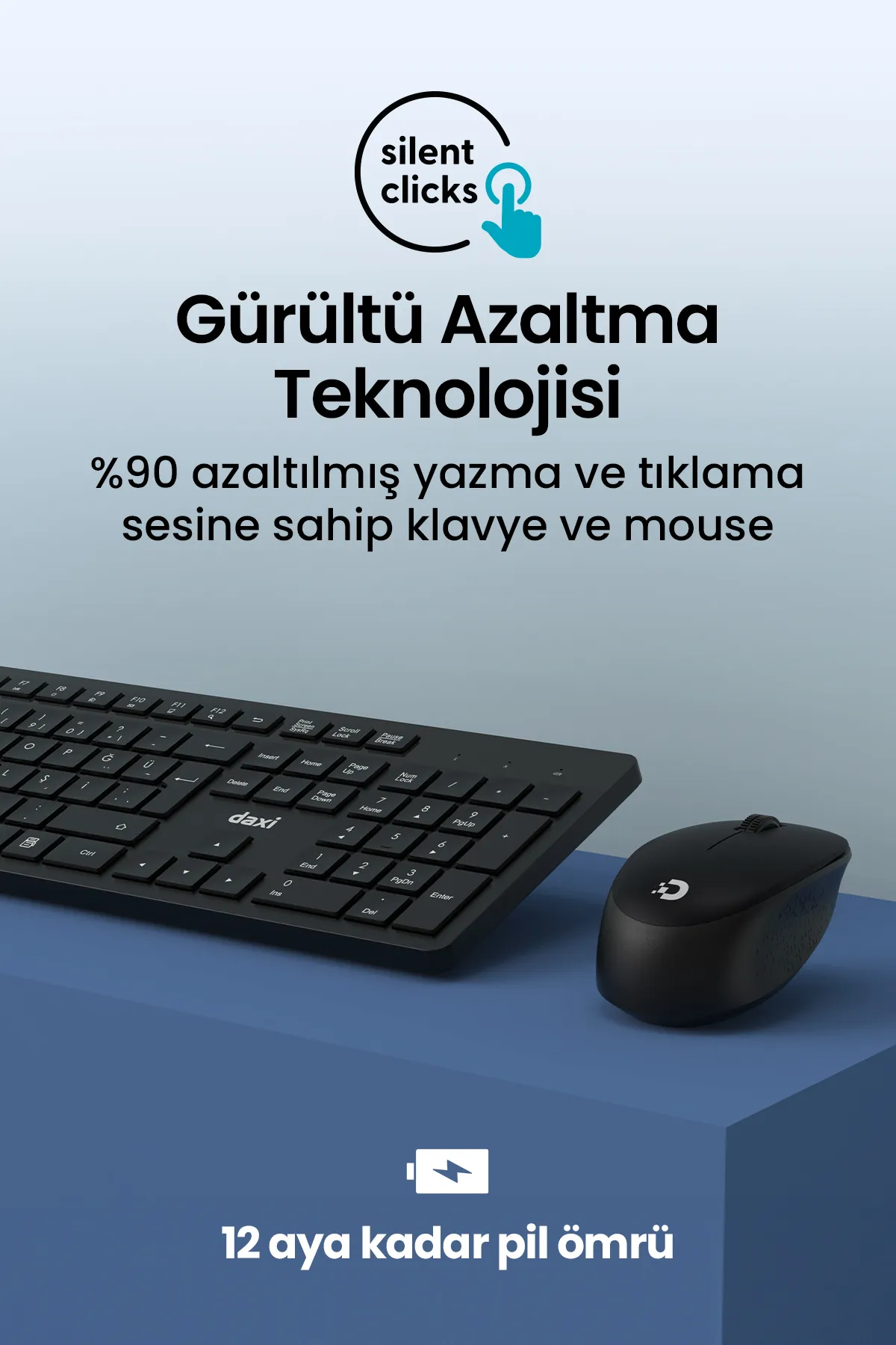 Daxi MK150 Wireless Combo Sessiz 2.4GHz Kablosuz Türkçe Q Klavye Mouse Seti