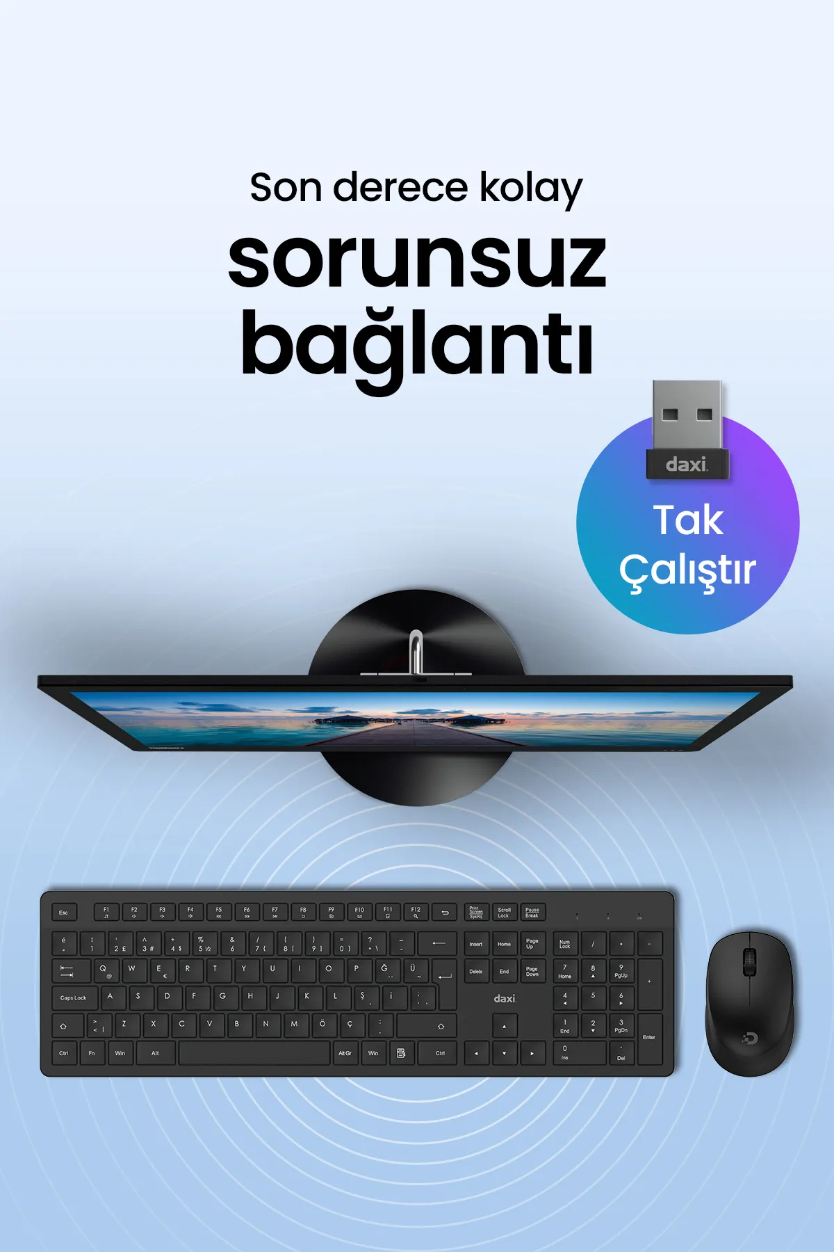 Daxi MK150 Wireless Combo Sessiz 2.4GHz Kablosuz Türkçe Q Klavye Mouse Seti