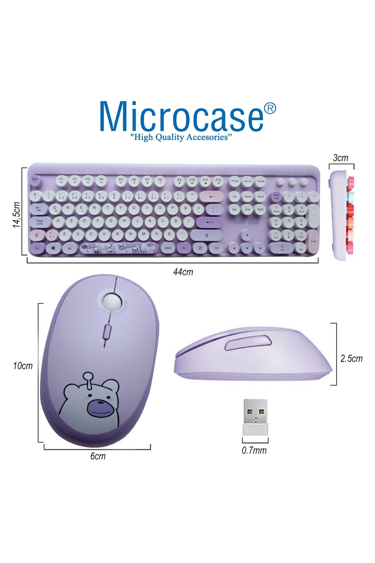 Microcase Mofii Ayıcık Desenli Kablosuz Renkli Yuvarlak Tuşlu Türkçe Klavye Mouse Set-al4258