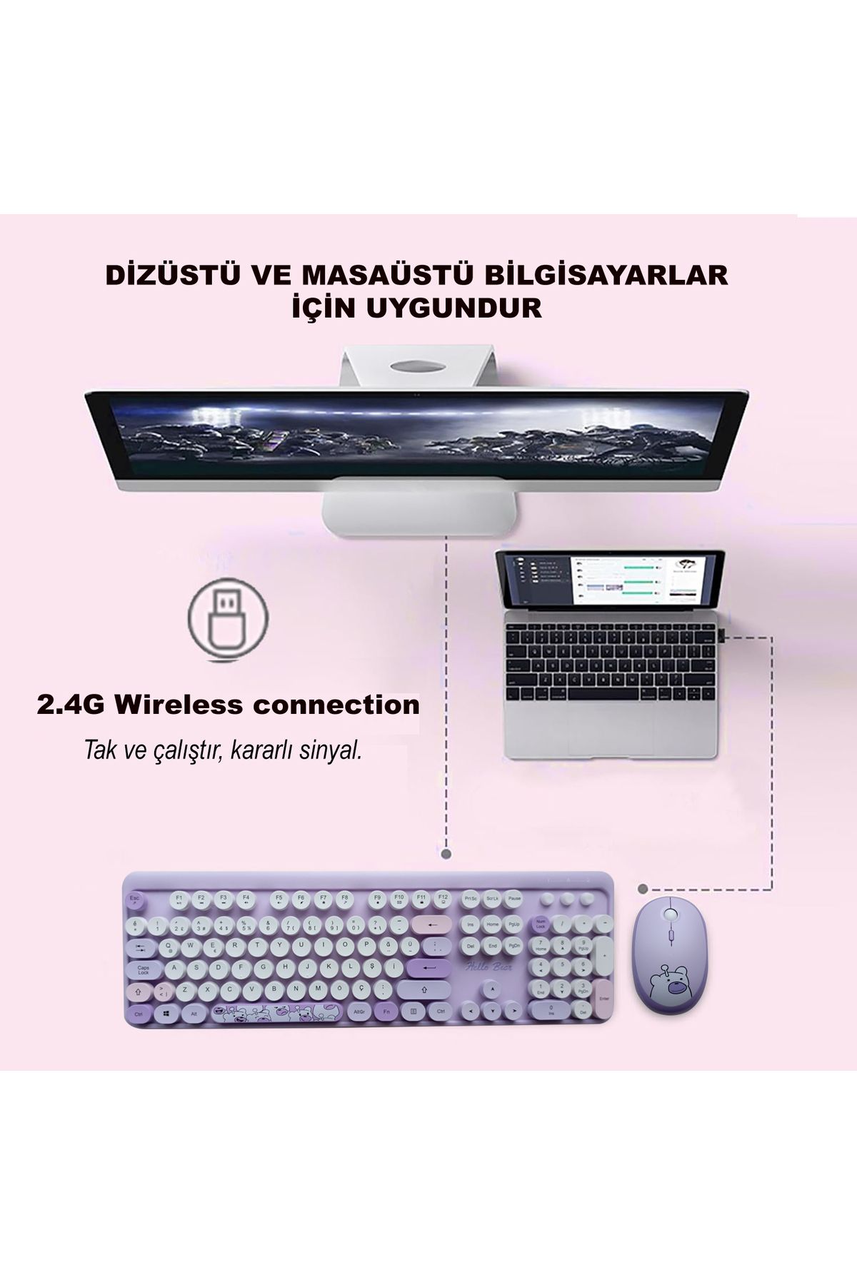 Microcase Mofii Ayıcık Desenli Kablosuz Renkli Yuvarlak Tuşlu Türkçe Klavye Mouse Set-al4258