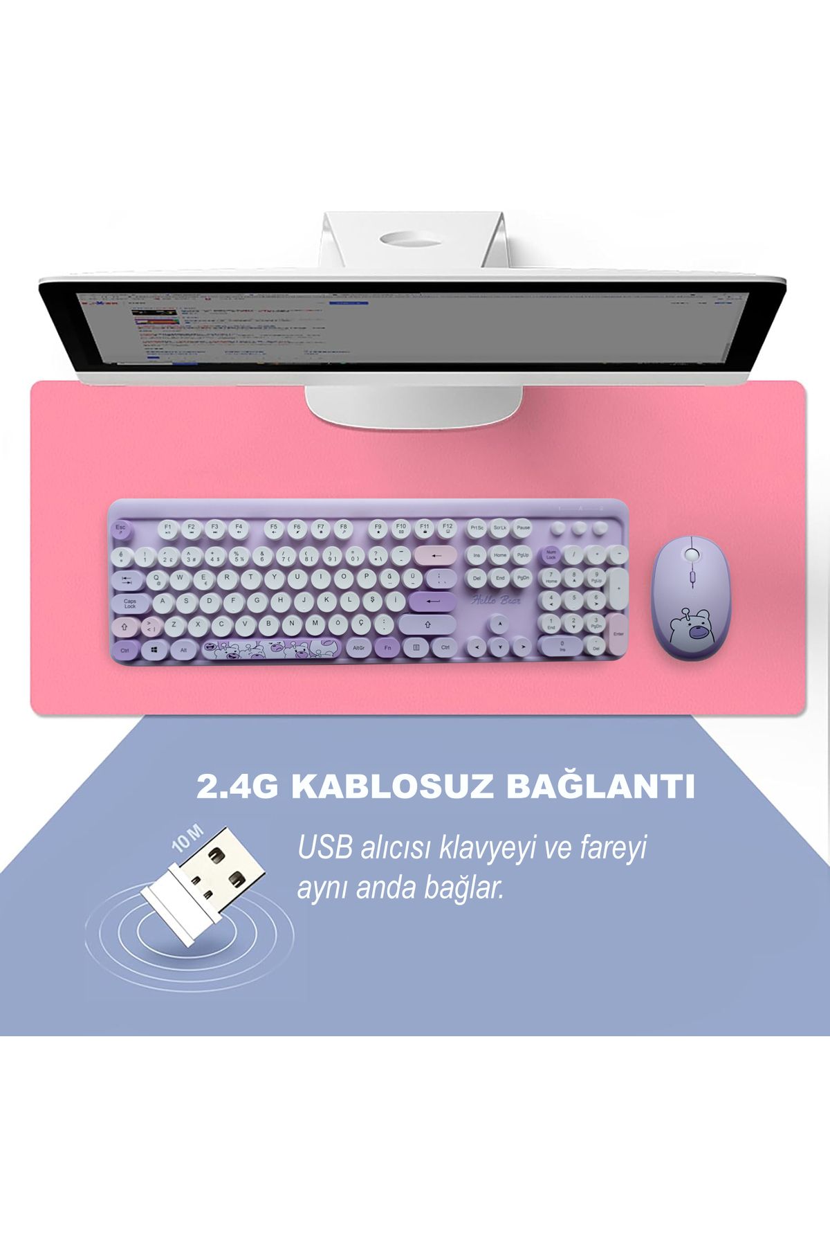 Microcase Mofii Ayıcık Desenli Kablosuz Renkli Yuvarlak Tuşlu Türkçe Klavye Mouse Set-al4258