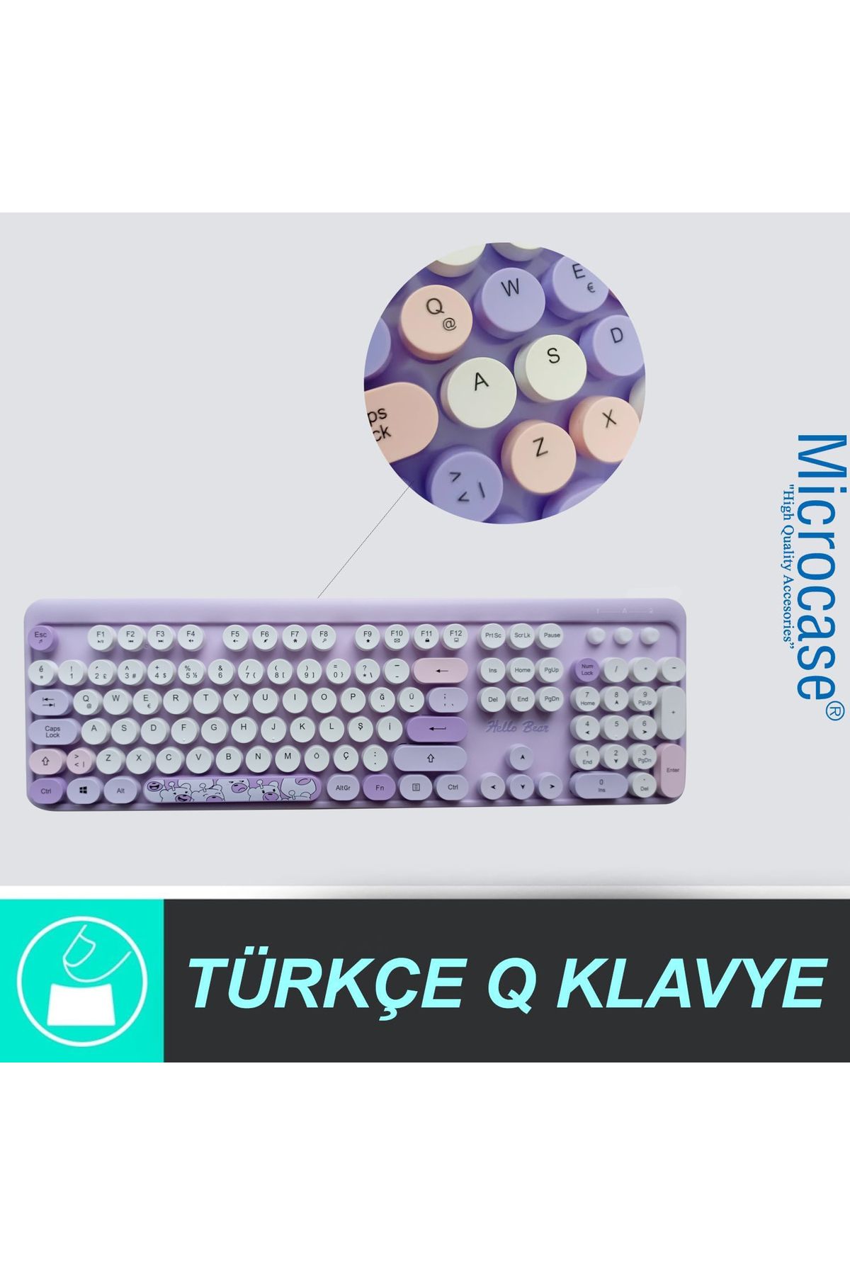 Microcase Mofii Ayıcık Desenli Kablosuz Renkli Yuvarlak Tuşlu Türkçe Klavye Mouse Set-al4258