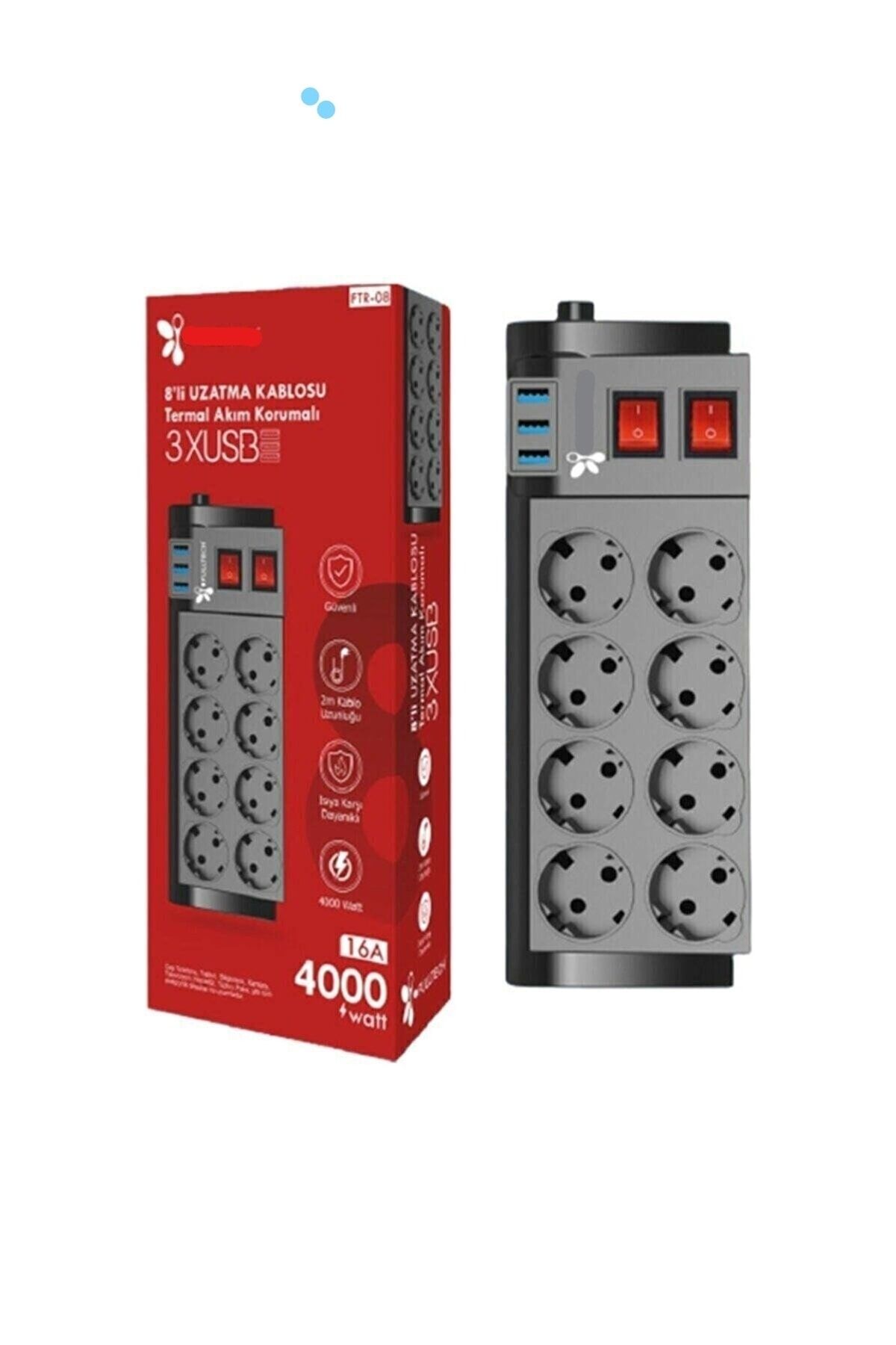 VOOKA Ms 8'i Termal Akım Korumalı Anahtarlı 3 Usb Priz 8'lü Termal Akım Korumalı 4000 Watt Akıllı 2 Metre