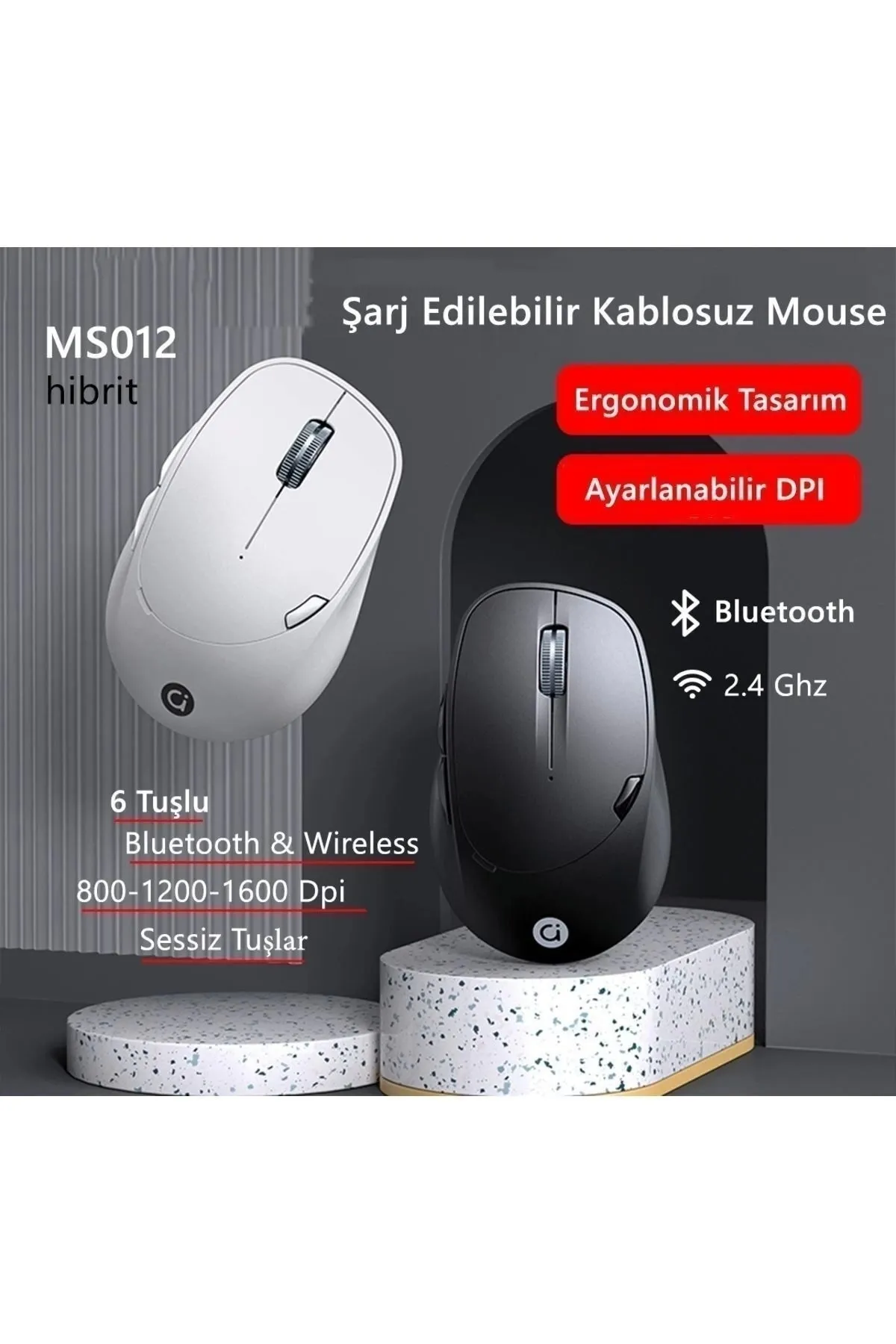 Adol Ms012 Bluetooth & Wireless Kablosuz Şarjlı Mouse Siyah