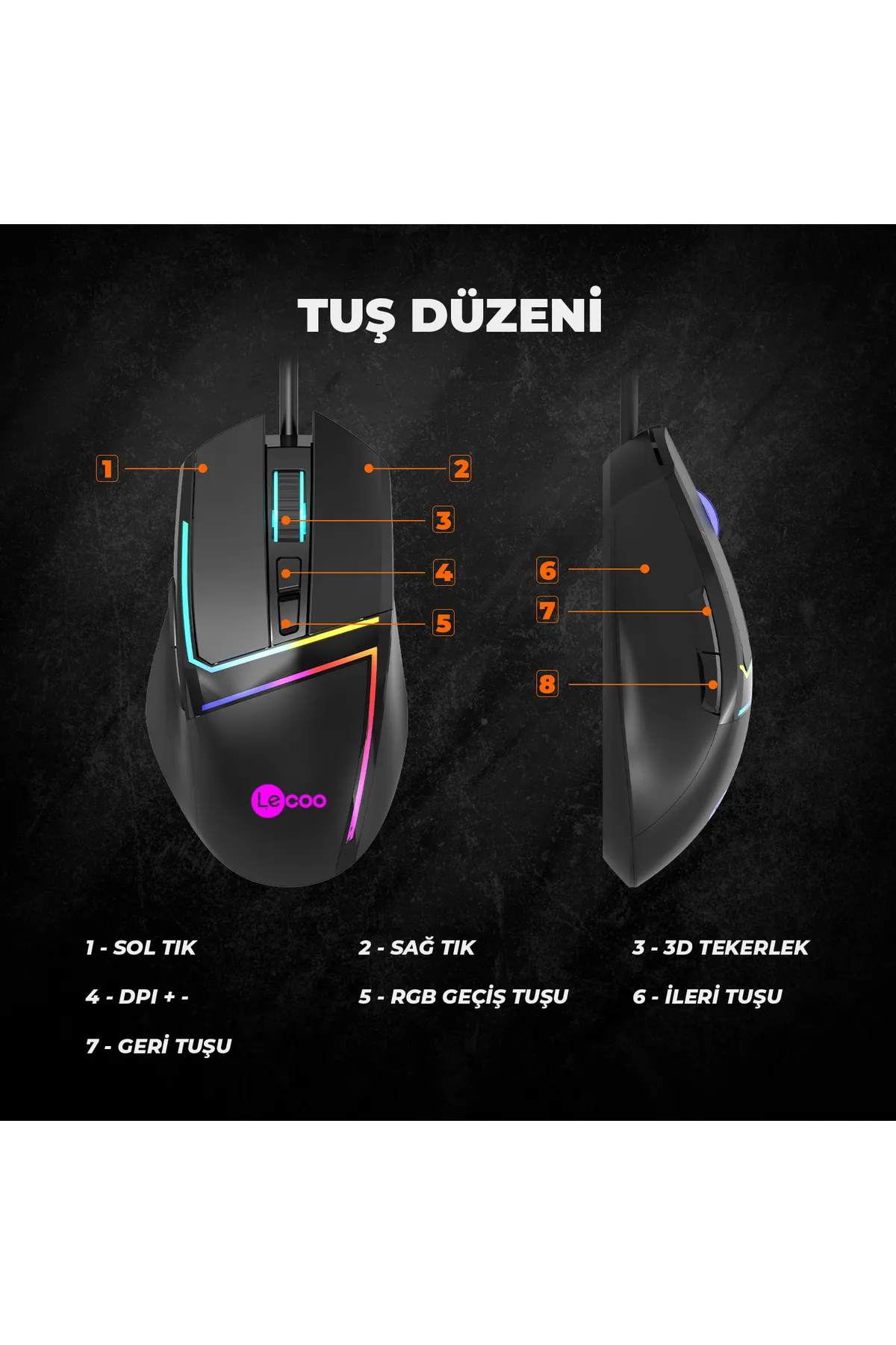 Lecoo Ms106 Kablolu Rgb Led Aydınlatmalı 3200dpı 7 Tuşlu Gaming Optik Mouse Siyah