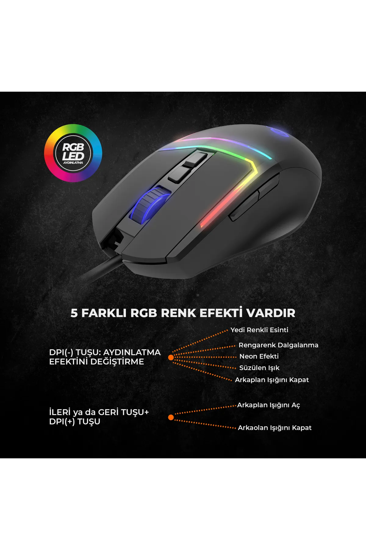 Lecoo Ms106 Kablolu Rgb Led Aydınlatmalı 3200dpı 7 Tuşlu Gaming Optik Mouse Siyah