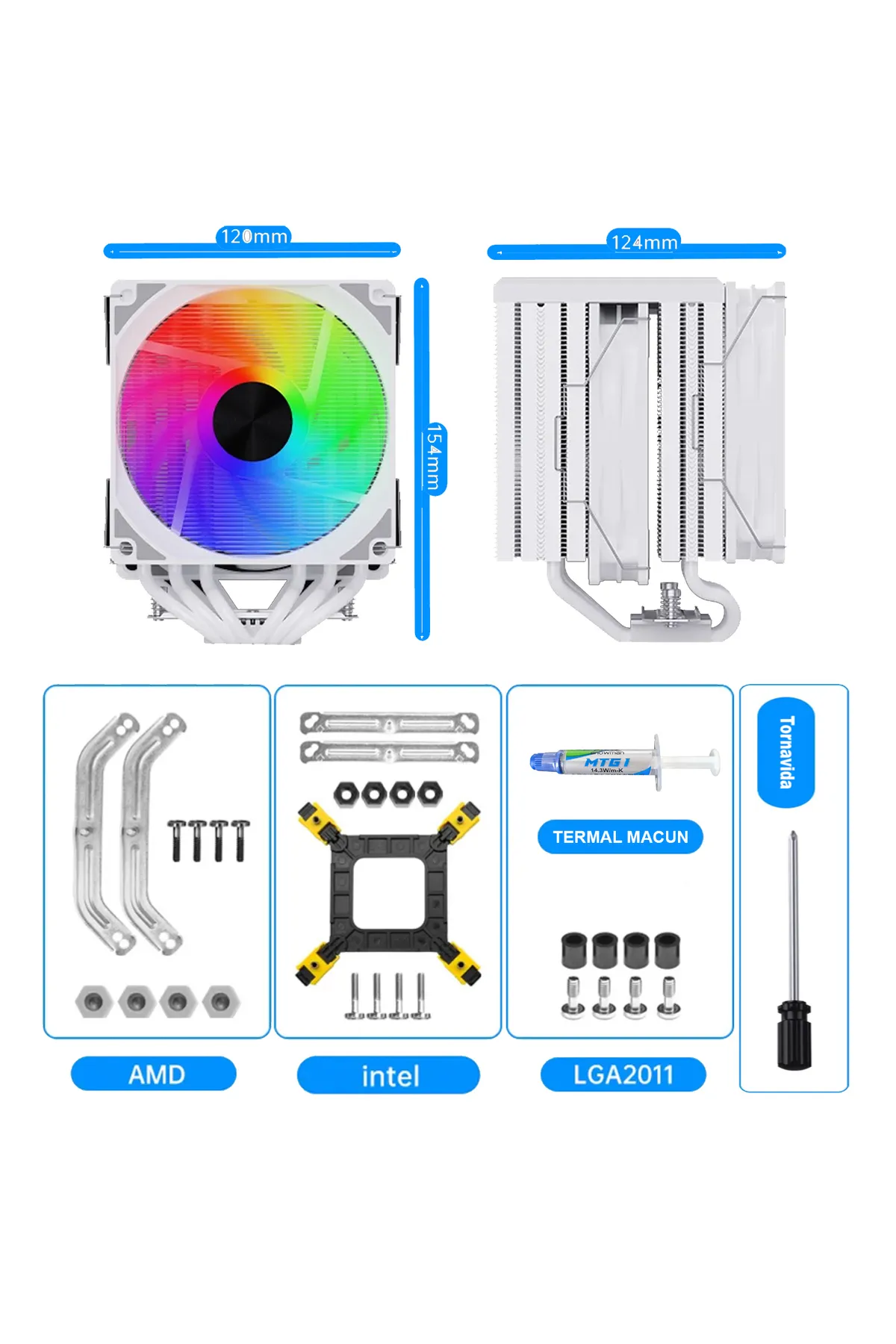 Snowman MT660 2*12CM COLORFUL FAN 4PİN + 6 BORULU PREMİUM BEYAZ CPU FAN