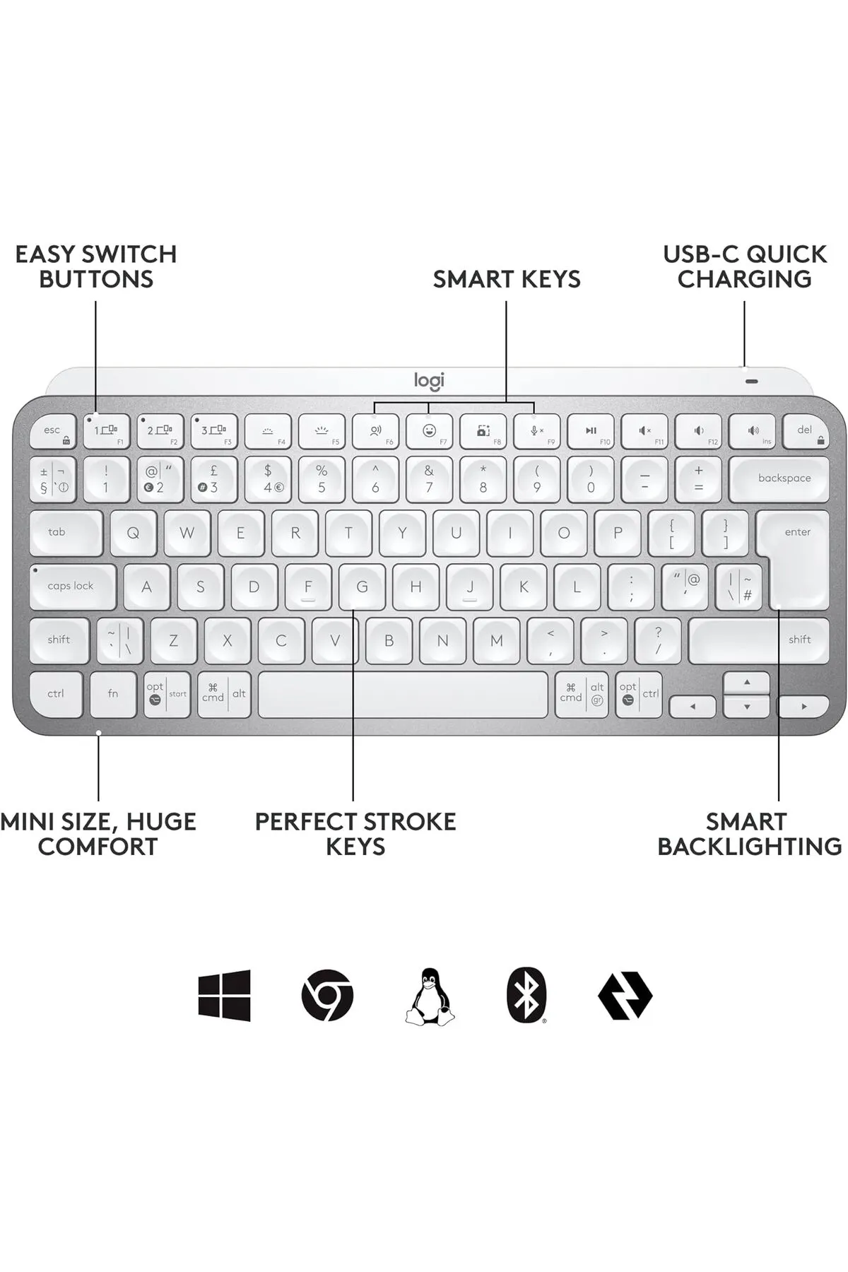 Logitech MX Keys Mini Aydınlatmalı, Bolt Alıcılı, Şarj Edilebilir, Açık Gri, Kablosuz Klavye İngilizce