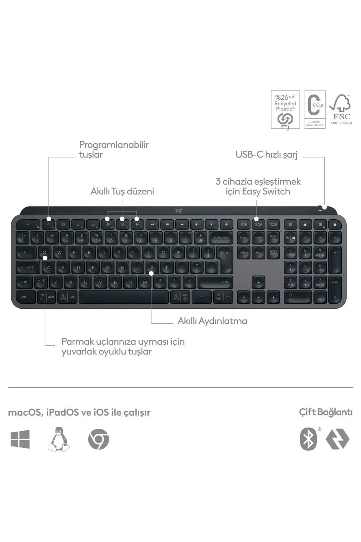 Logitech MX Keys S Gelişmiş Aydınlatmalı Tam Boyutlu Kablosuz İngilizce Q Klavye - Siyah