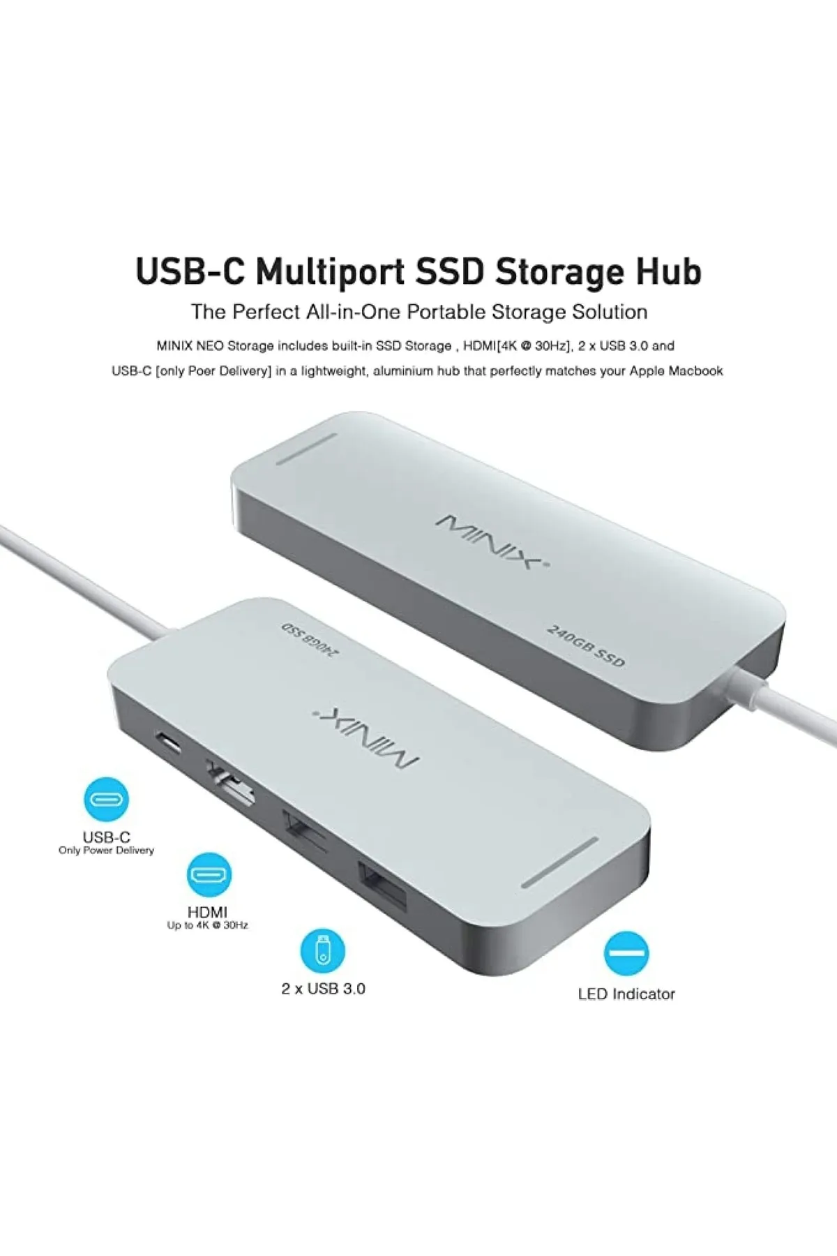 MINIX Neo Depolama, 240 Gb Alüminyum Usb-c Çok Portlu Ssd Depolama Göbeği