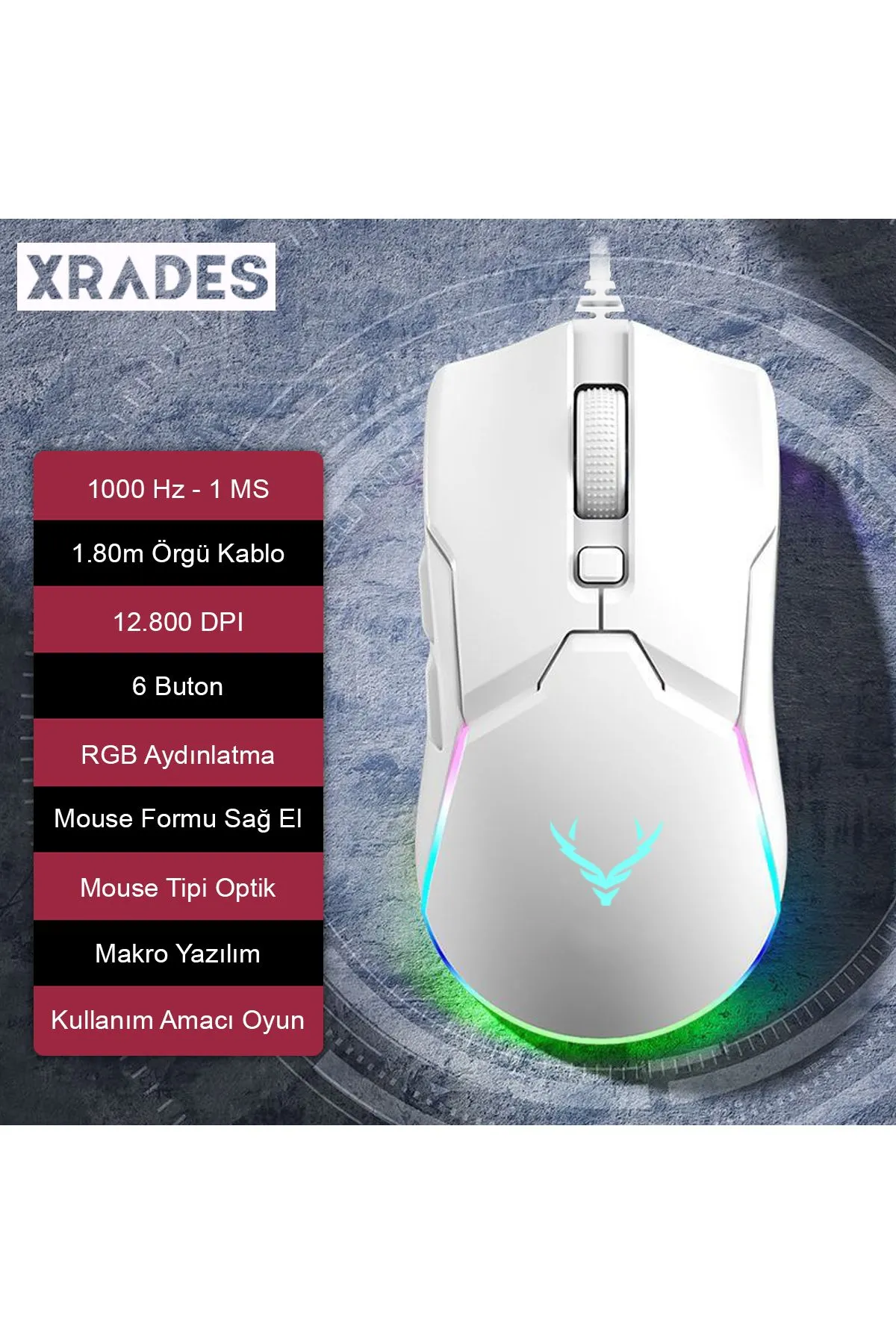 Xrades Night XR07 Beyaz Rgb Gaming Mouse 12800 Dpı 8 Tuşlu Drag Click Makrolu