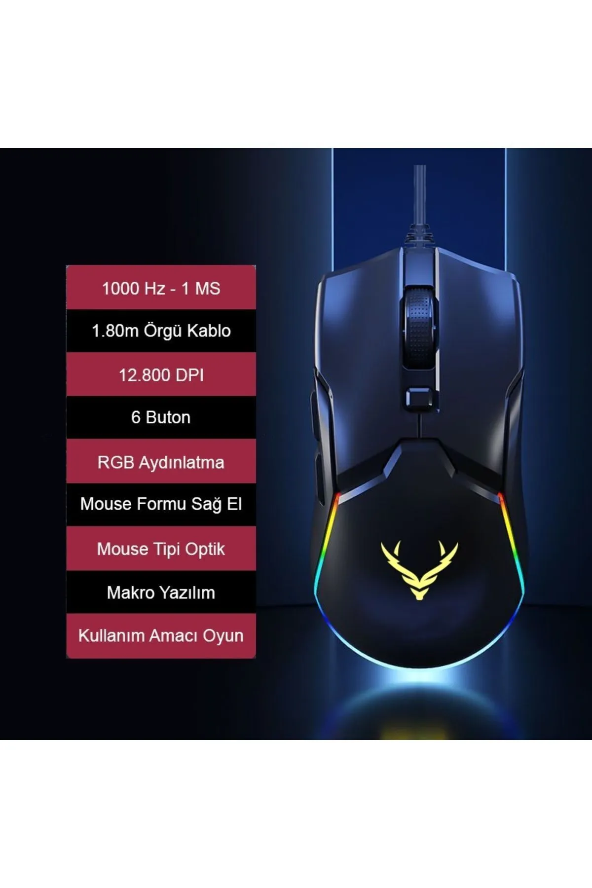 Xrades Night XR07 Siyah Rgb Gaming Mouse 12800 Dpı 8 Tuşlu Drag Click Makrolu