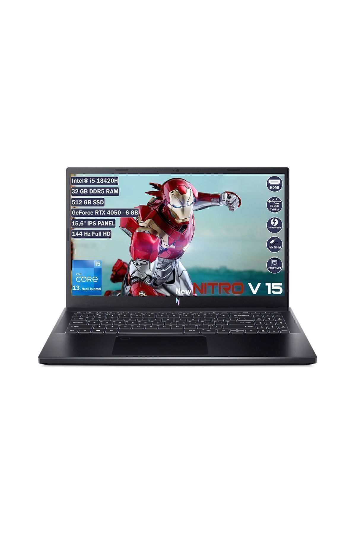 Acer Nitro V 15 Core i5 13420H 32 GB 512 GB SSD Rtx 4050 Freedos 15.6" FHD Notebook NH.QNBEY.001+325