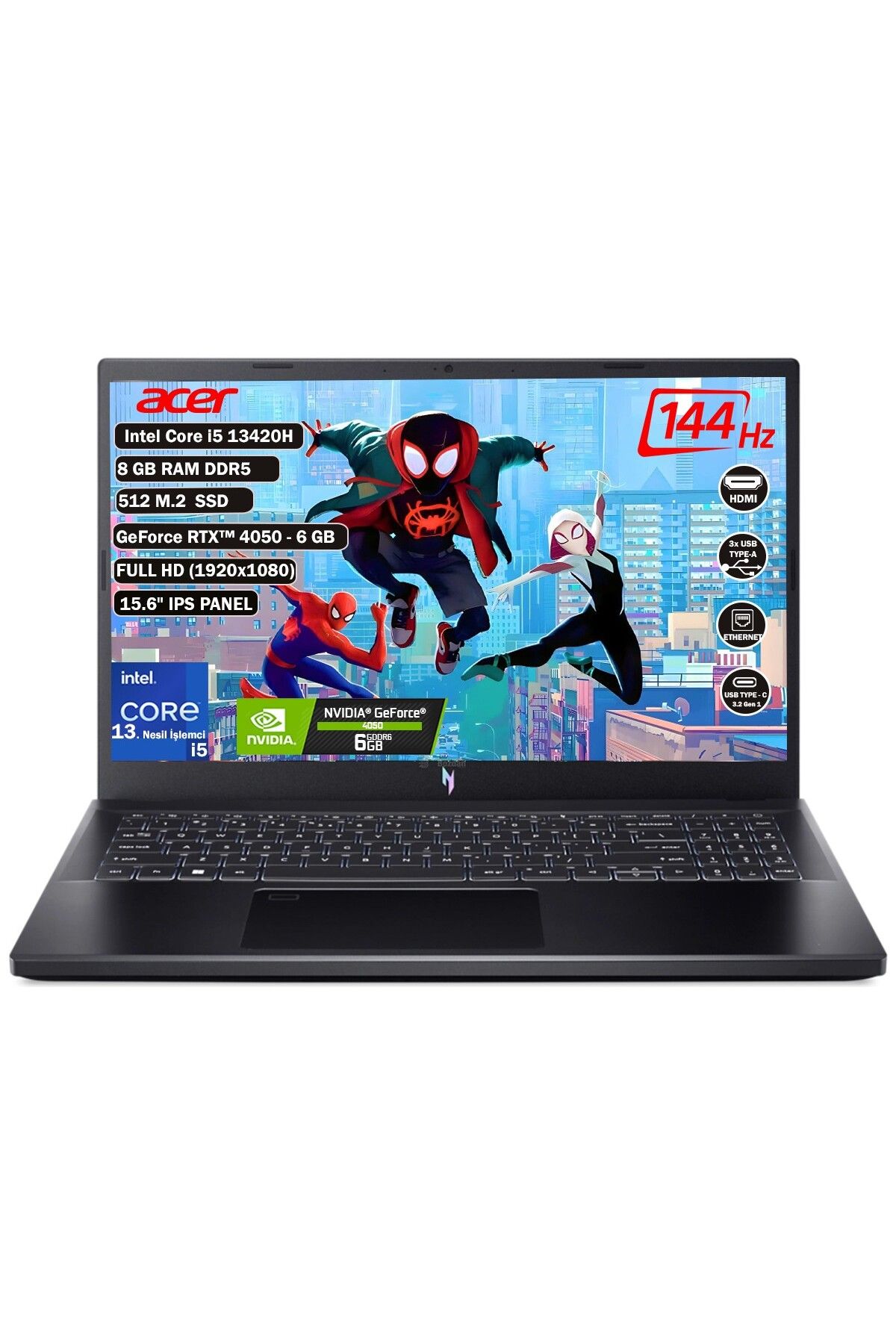 Acer Nitro V15 ANV15-51S4 NH.QNBEY.001 I5-13420H 8gb 512SSD RTX4050 15.6" FHD Fdos T. Bilgisayar