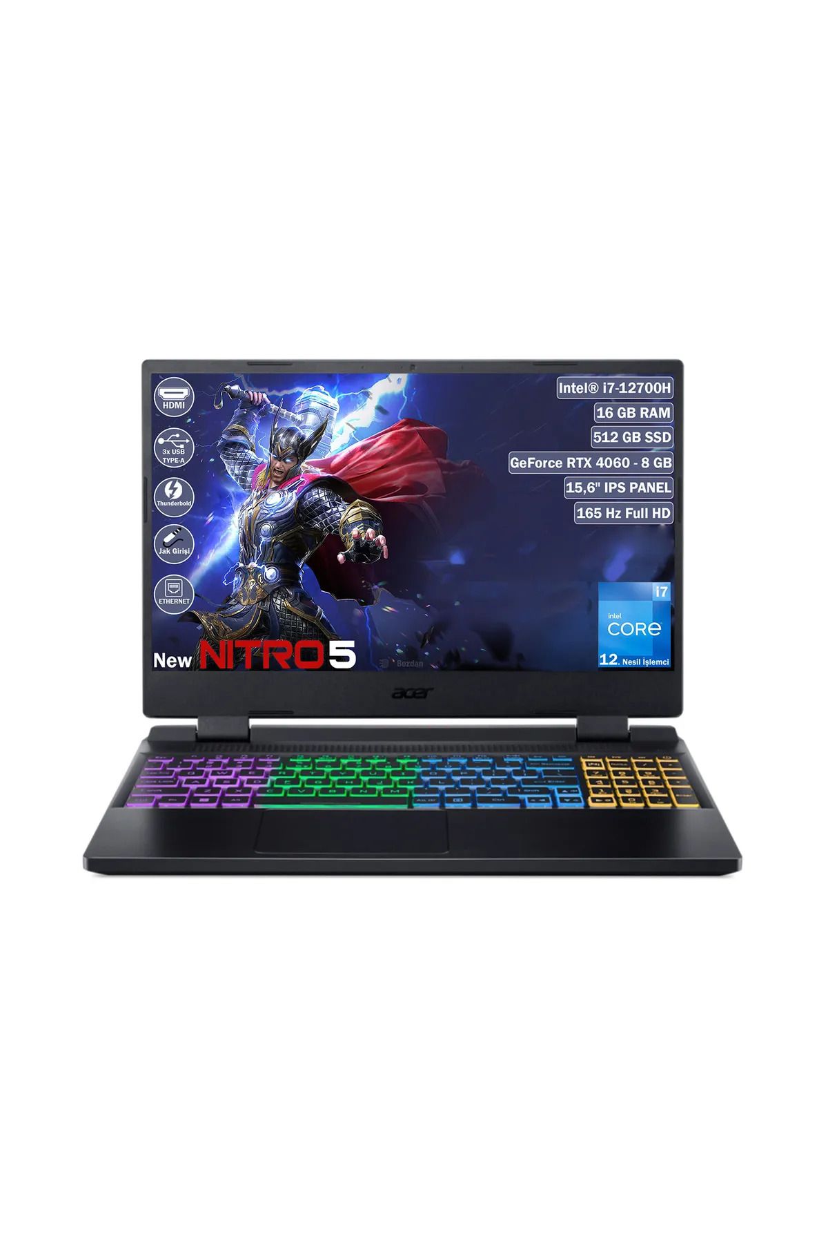 Acer Nitro5 Intel Core i7-12700H 16GB 512GB SSD RTX4060 8GB 15.6" FHD 165Hz DOS Siyah Gaming Laptop