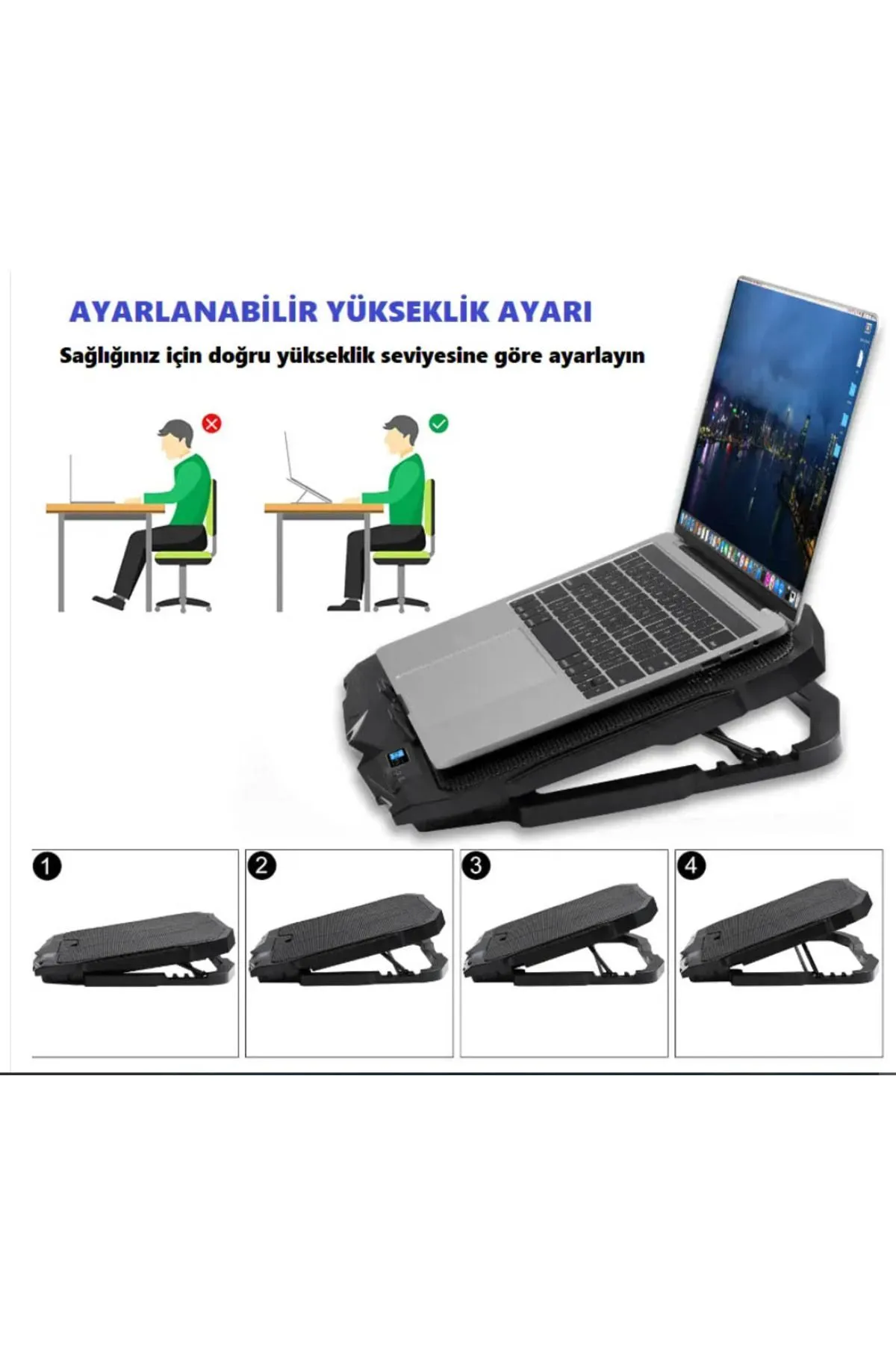 FANCO Notebook Cooler S18 Ayarlanabilir 4 Fanlı Laptop Soğutucu Led Işıklı Dizüstü Bilgisayar Standı