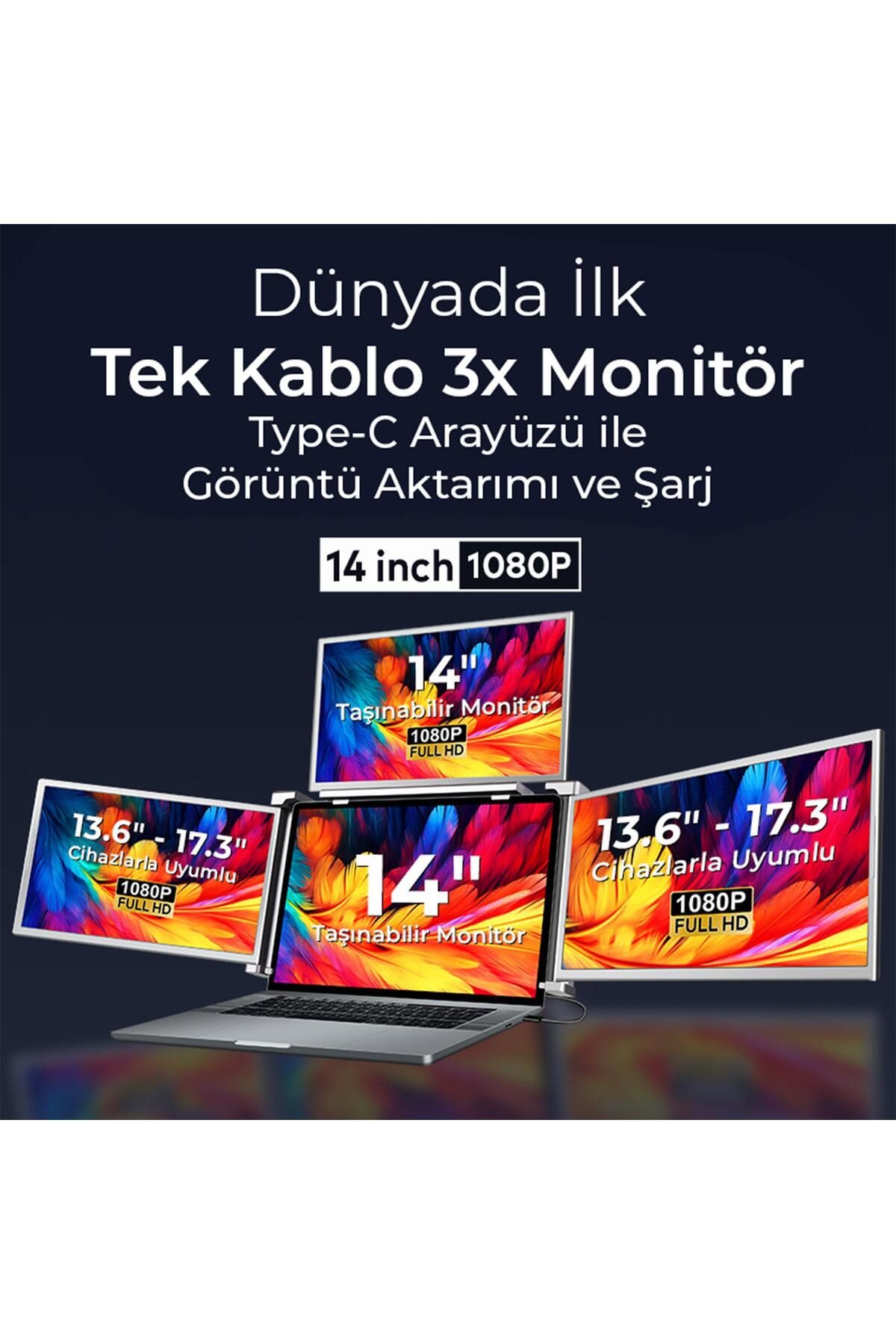 NPO NPM680 14" FHD 1080p IPS Type-C Taşınabilir Dizüstü 3'lü Monitör Çoklayıcı Notebook Monitör