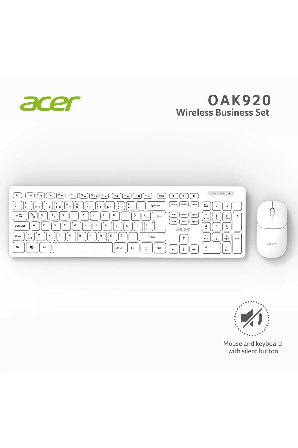 Acer Oak-920 Beyaz Kablosuz Sessiz Tuşlu 2.4ghz Klavye Moue Set Beyaz (MOUSE 1200DPI)