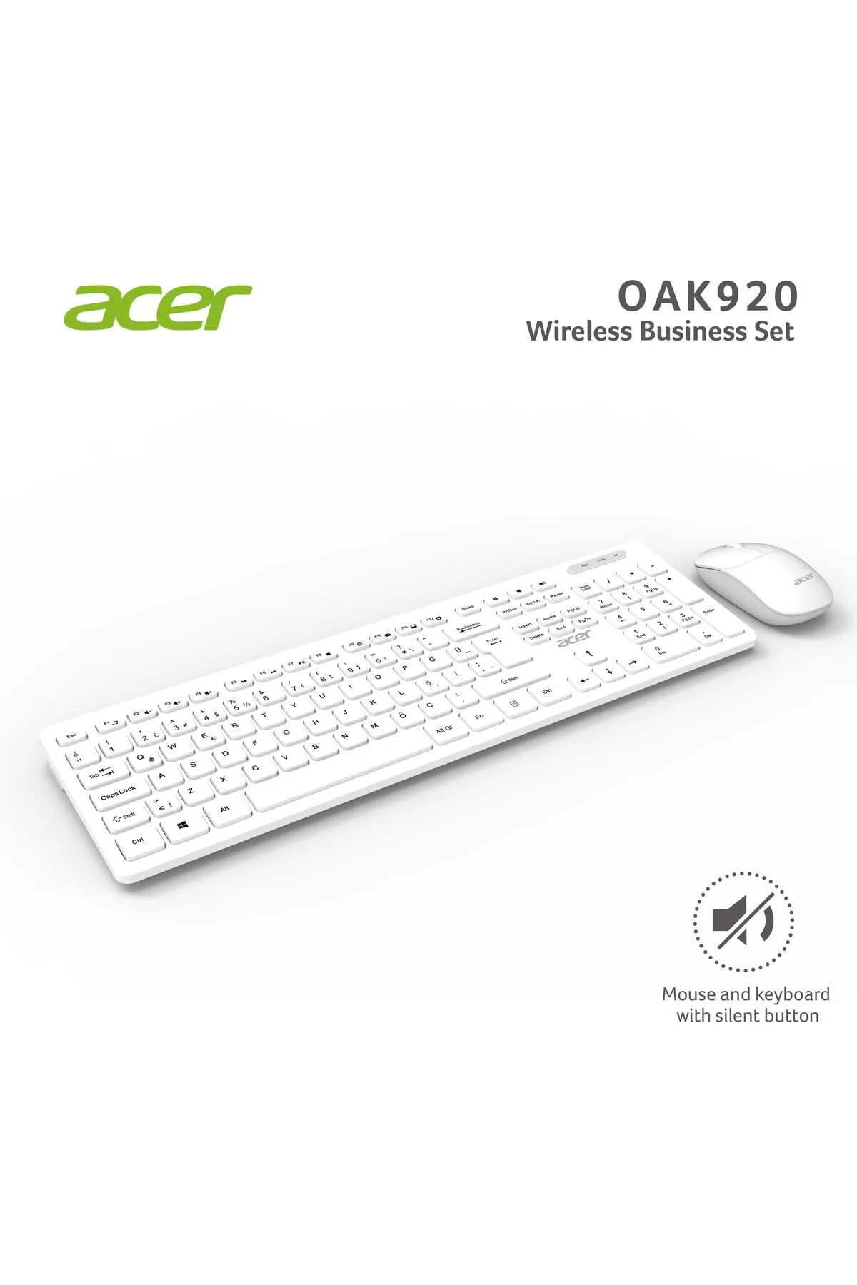 Acer Oak-920 Beyaz Kablosuz Sessiz Tuşlu 2.4ghz Klavye Moue Set Beyaz (MOUSE 1200DPI)