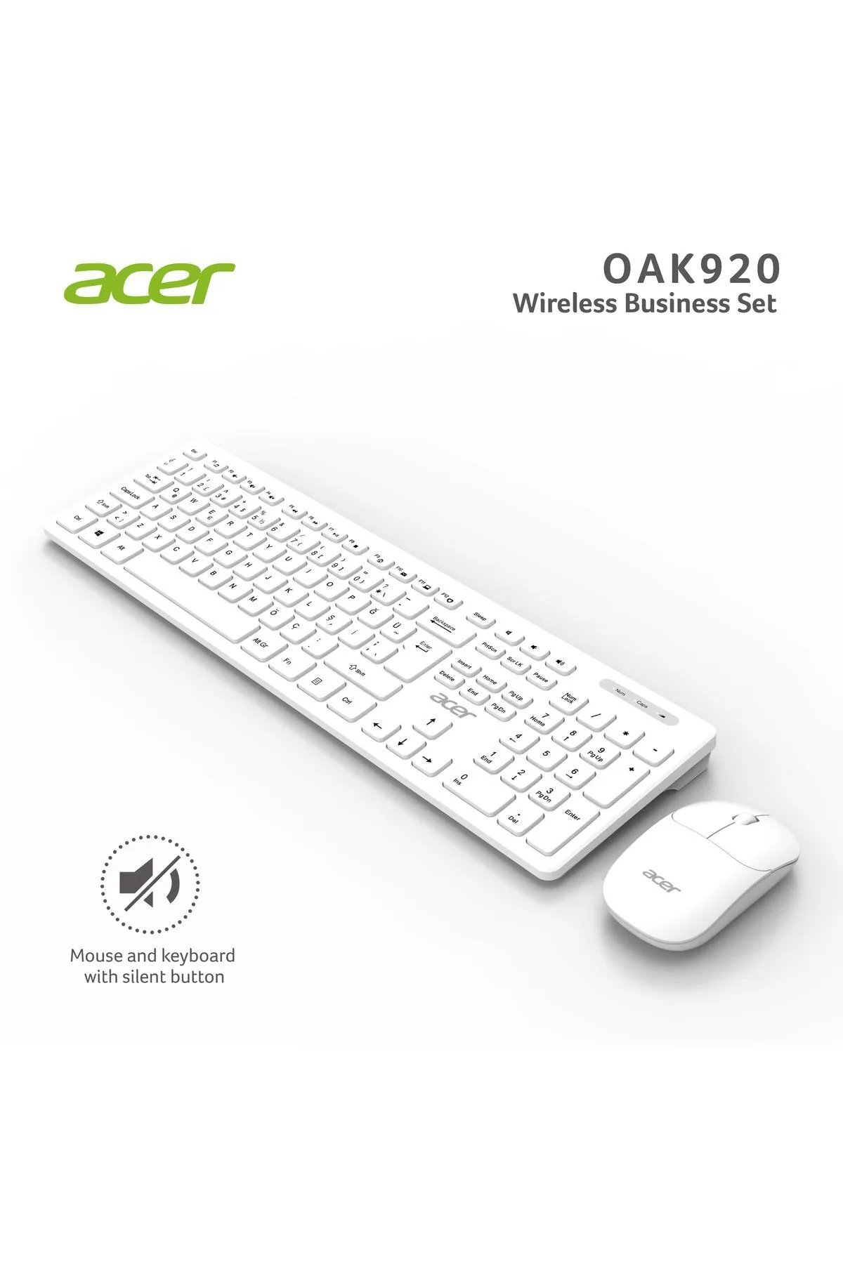 Acer Oak-920 Beyaz Kablosuz Sessiz Tuşlu 2.4ghz Klavye Moue Set Beyaz (MOUSE 1200DPI)