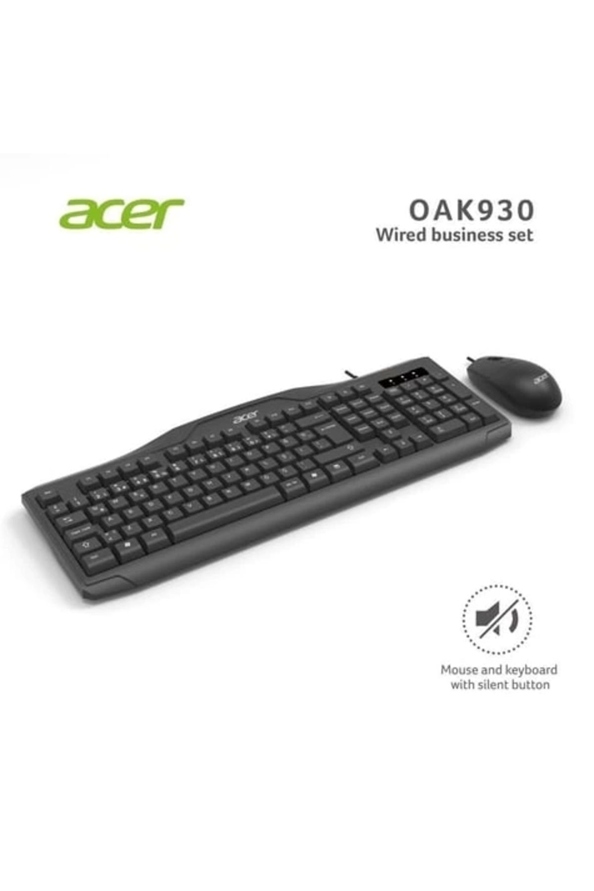 Acer Oak-930 Kablolu Sessiz Tuşlu Klavye Moue Set Siyah (KLAVYE 1,40CM-MOUSE 1.60CM KABLO)