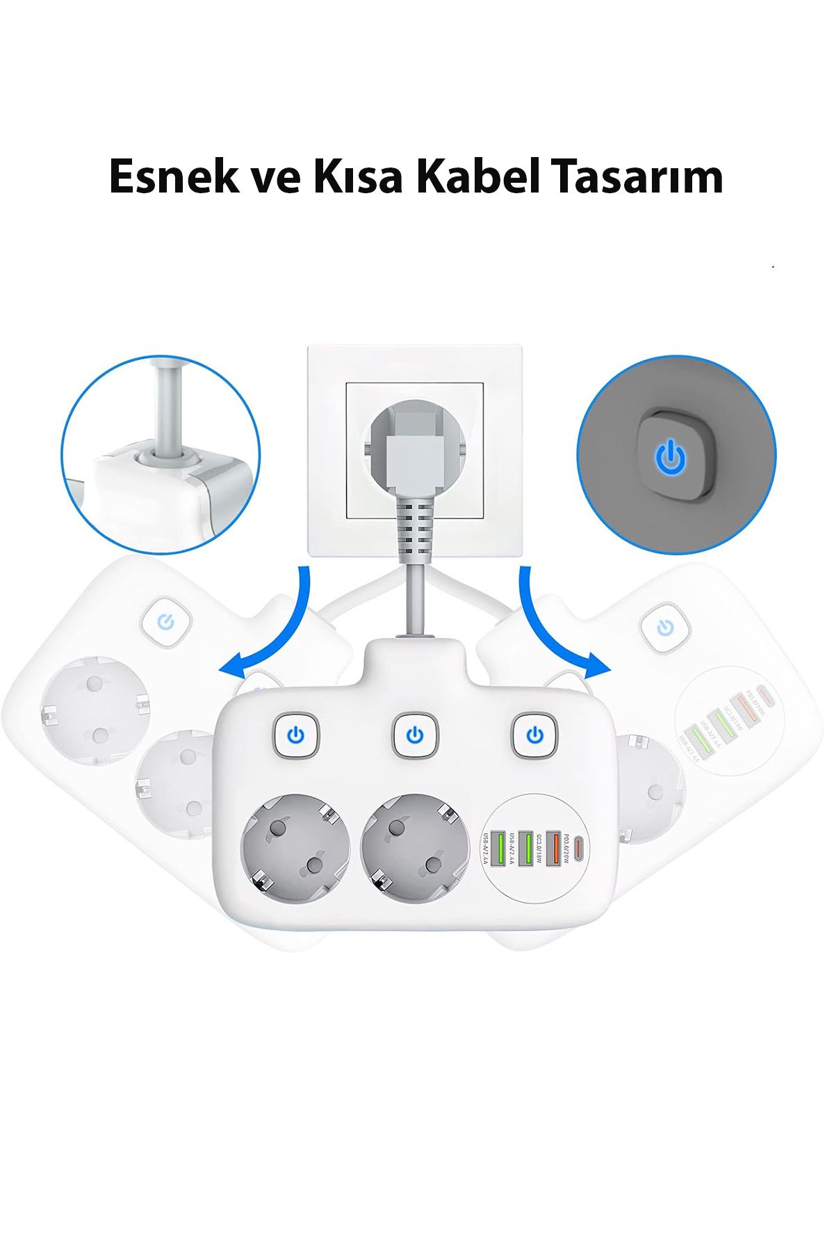 Technomen Çoklu priz, 3 şalterli, 6'sı 1 arada priz adaptörü, dağıtıcı priz, çoklu priz,