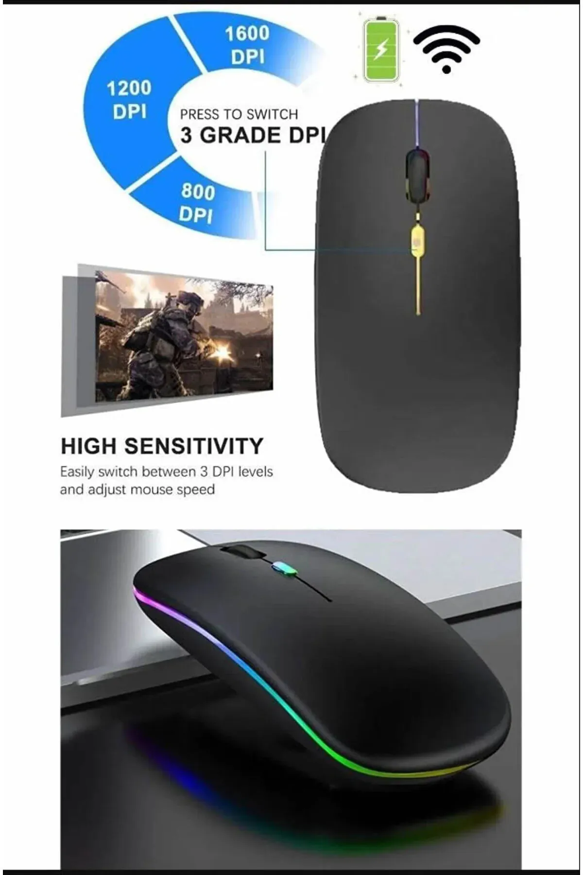 Genel Markalar Orn Kablosuz Fare Wireless Mouse 4 Tuşlu Renk Sessiz Şarj Edilebilir Dpı Kontrol