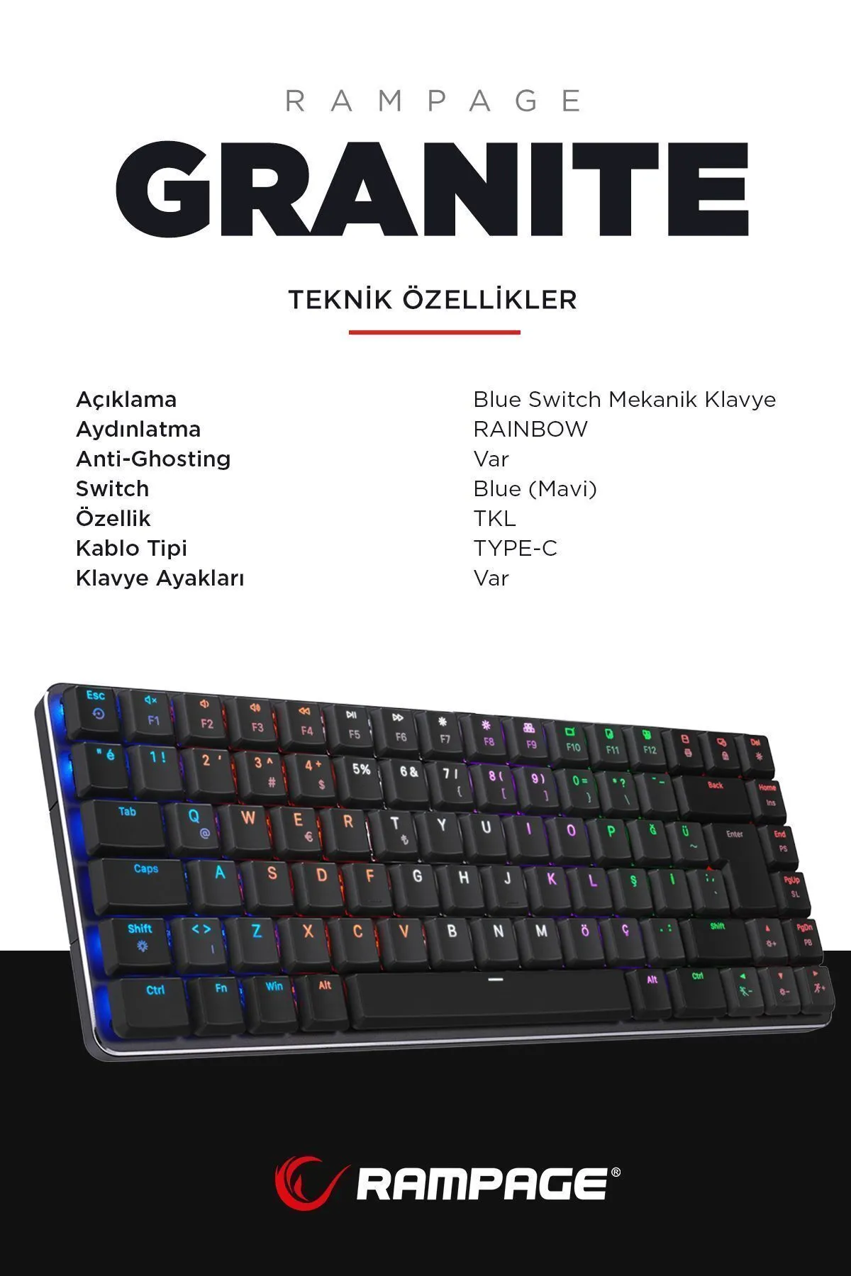 Rampage Oyuncu Klavyesi Mekanik Gaming Siyah/gri Low Profile Düşük Elektronik Blue Switch Q Rainbow Granıte