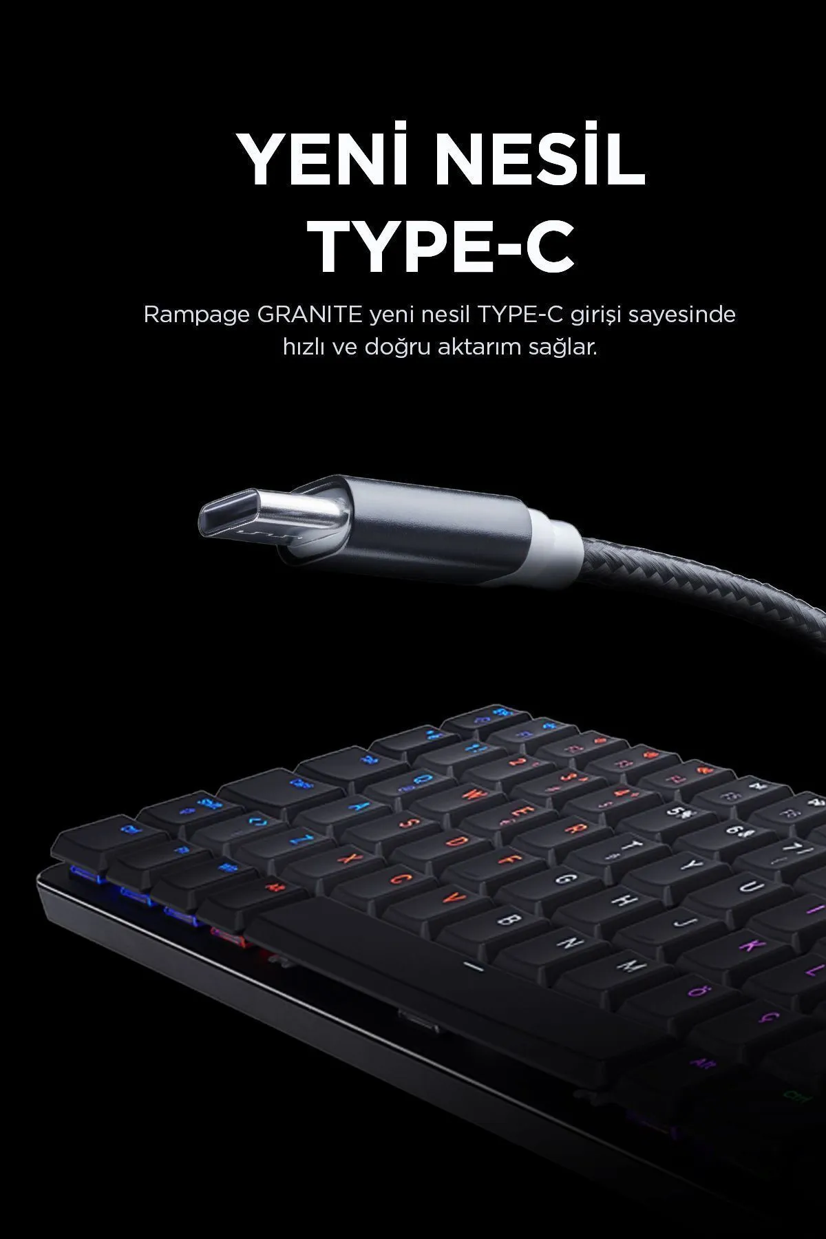 Rampage Oyuncu Klavyesi Mekanik Gaming Siyah/gri Low Profile Düşük Elektronik Blue Switch Q Rainbow Granıte