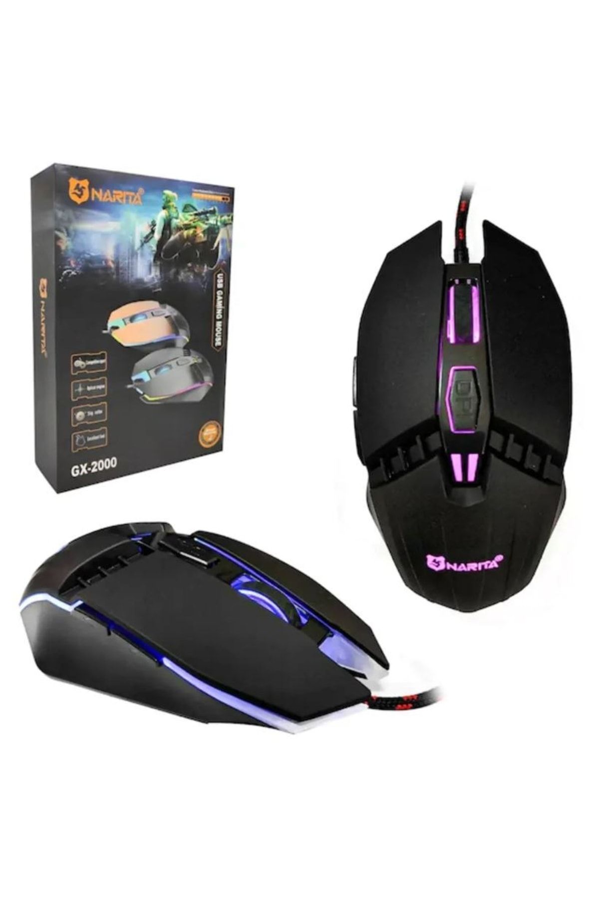 NARİTA Oyuncu Mouse 1600 Dpı Işıklı Rgb Usb Gaming Gx-2000 Kablolu Optik Mouse