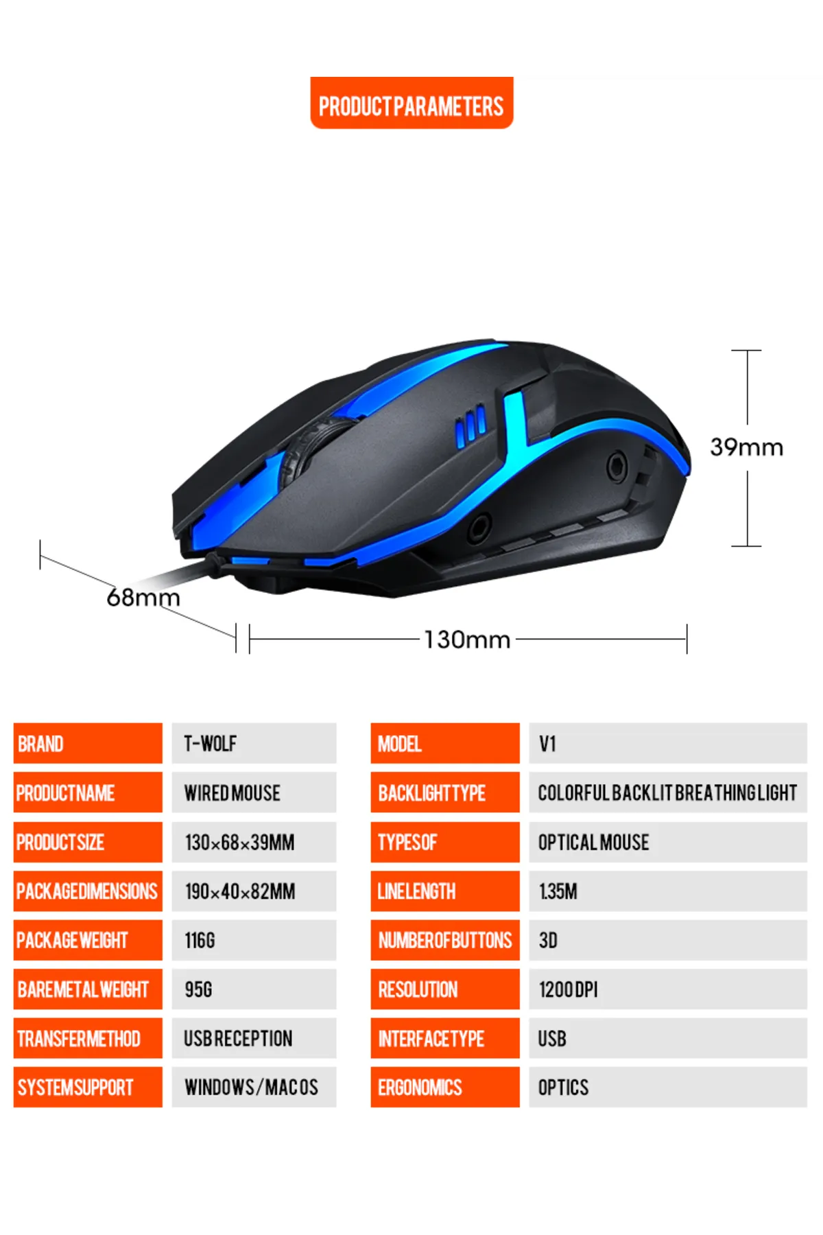 T-WOLF Oyuncu Mouse Kablolu Rgb Işıklı V1 Gamer Mouse