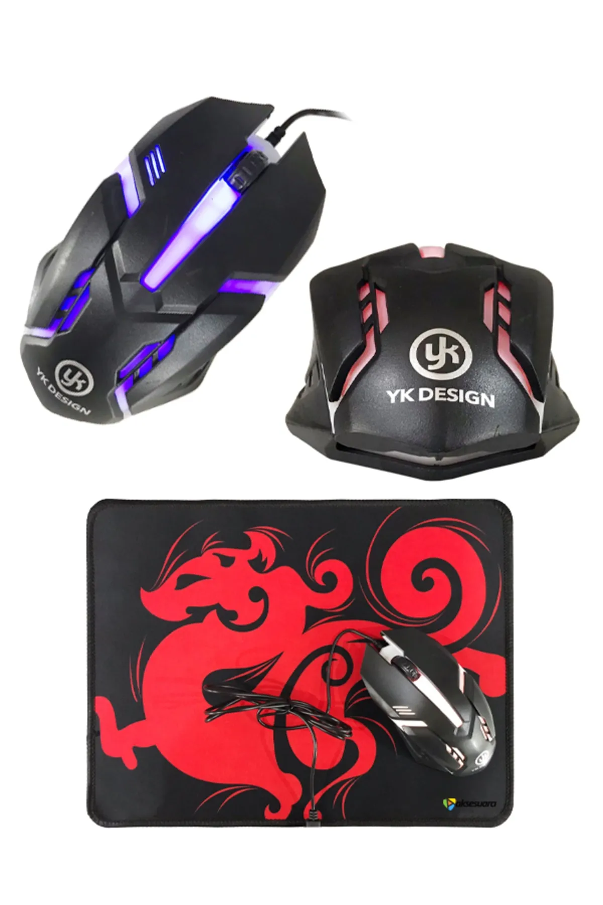 Aksesuarcı Oyuncu Mouse + Mouse Pad Set, Yüksek Kalite, Rgb Işıklı Gaming Mouse Ve 30x24cm Desenli Mousepad