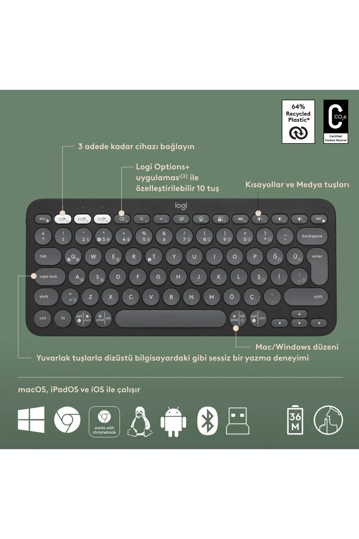 Logitech Pebble 2 Combo Çoklu Sessiz Kablosuz Türkçe Q Klavye Mouse Seti - Grafit 920-012245 - KL-136