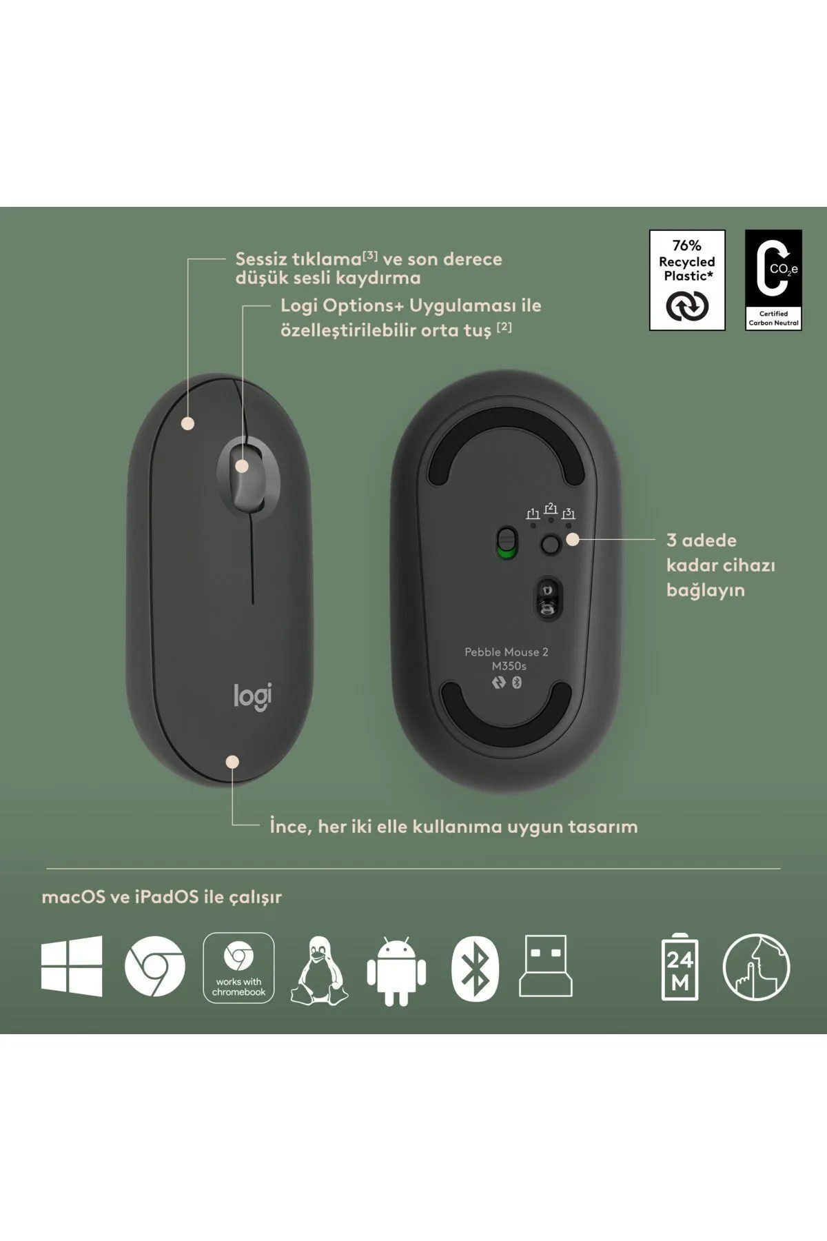 Logitech Pebble 2 Combo Çoklu Sessiz Kablosuz Türkçe Q Klavye Mouse Seti - Grafit 920-012245 - KL-136