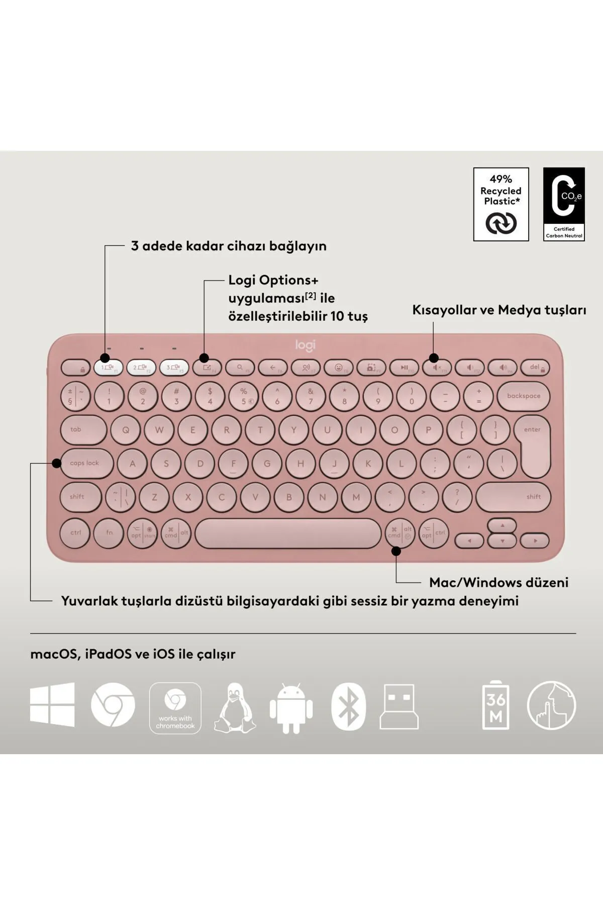 Logitech Pebble 2 Combo Çoklu Sessiz Kablosuz Türkçe Q Klavye Mouse Seti - Pembe 920-012247