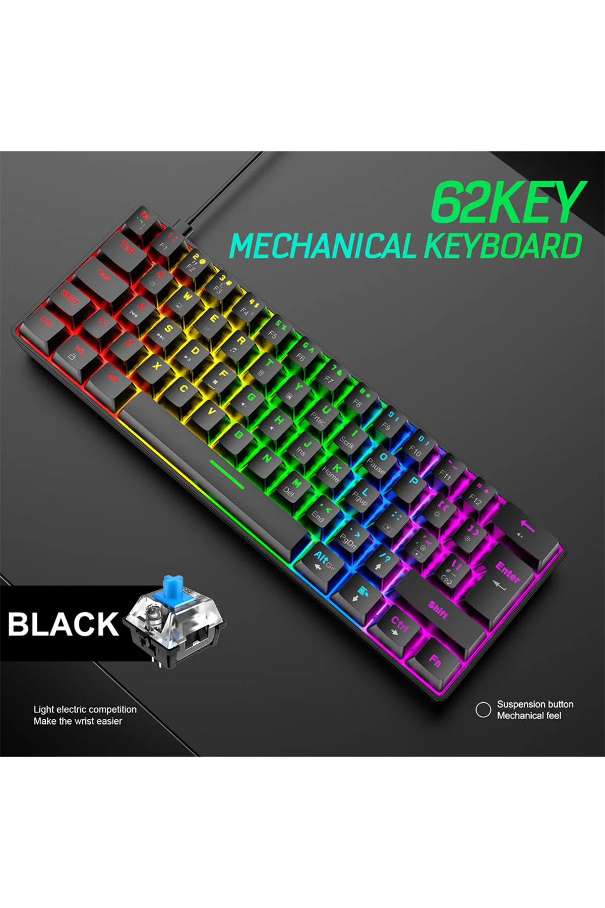 Fillikutum Pembe Beyaz Siyah Switch Rgb Klavye Kablolu 62 Tuş 18 Ayarlanabilir Led Gaming Klavye