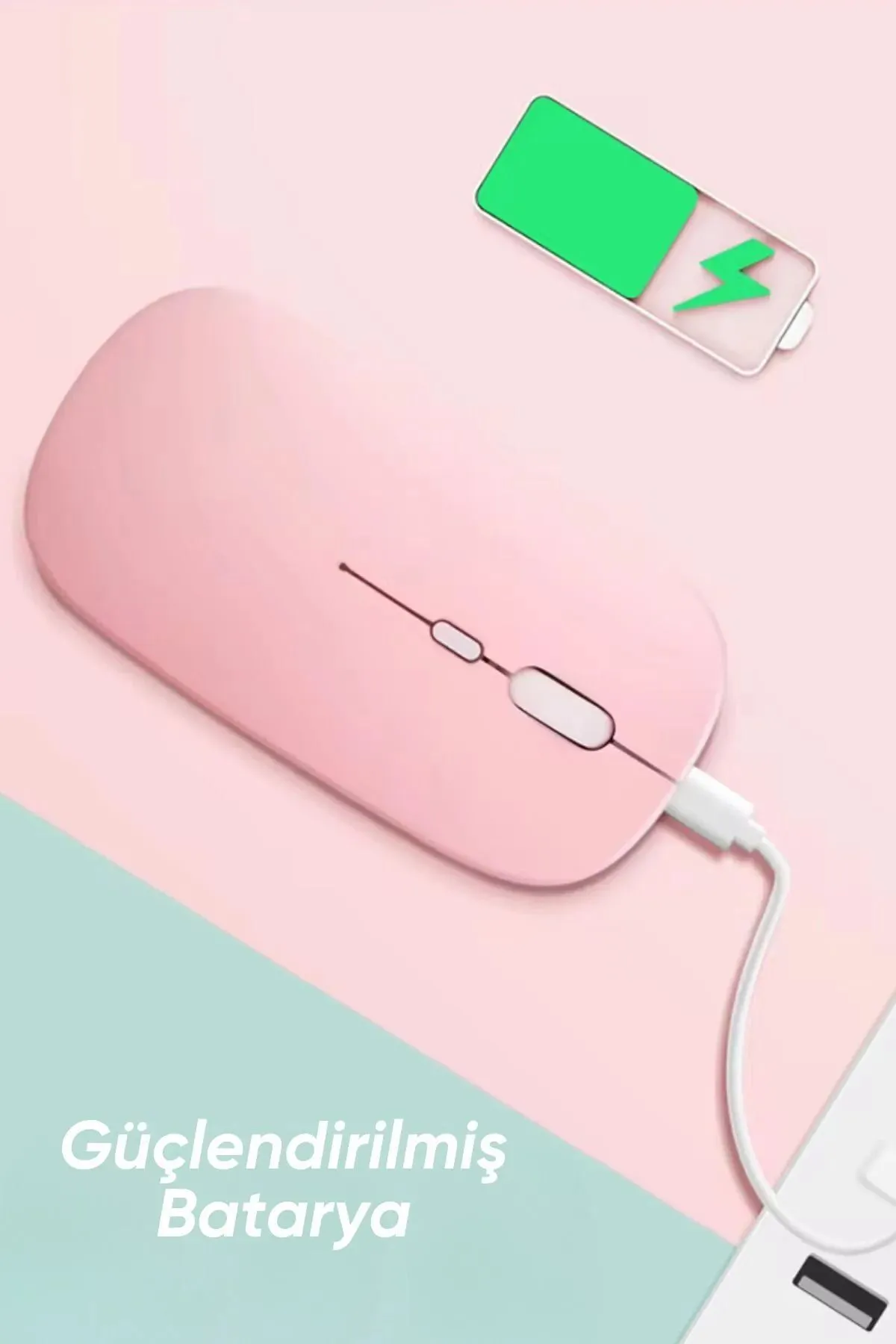 Tiffany Pembe Kablosuz Wireless 2.4g Bluetooth Sessiz Mouse Şarj Edilebilir Rgb Renkli Ergonomik Tasarımlı