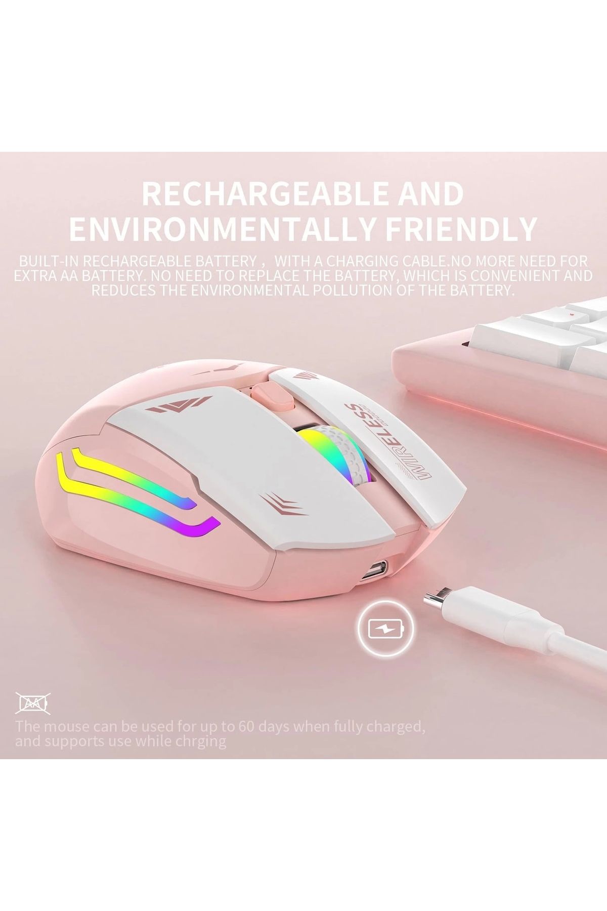 Blackbird Game Center Pembe Rgb Şarjlı Kablosuz 1600dpı Işıklı Kablosuz Mouse Bwm1