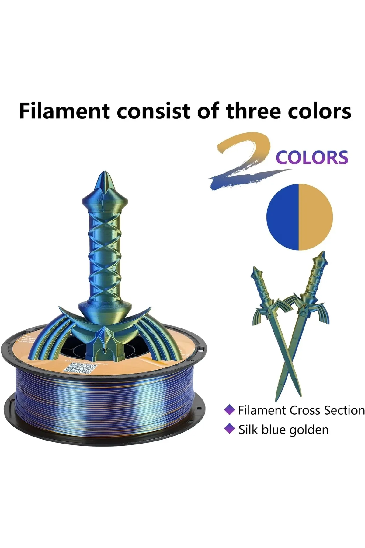 KINGROON Pla Silk Çift Renk Filament Mavi Altın