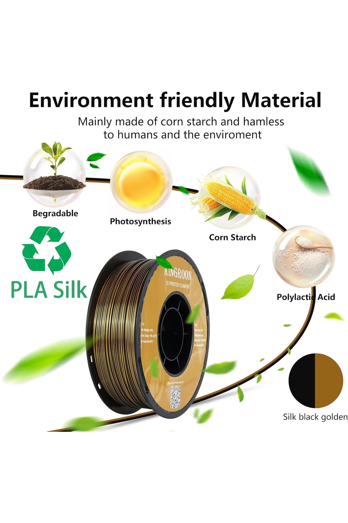 KINGROON Pla Silk Çift Renk Filament Siyah Altın