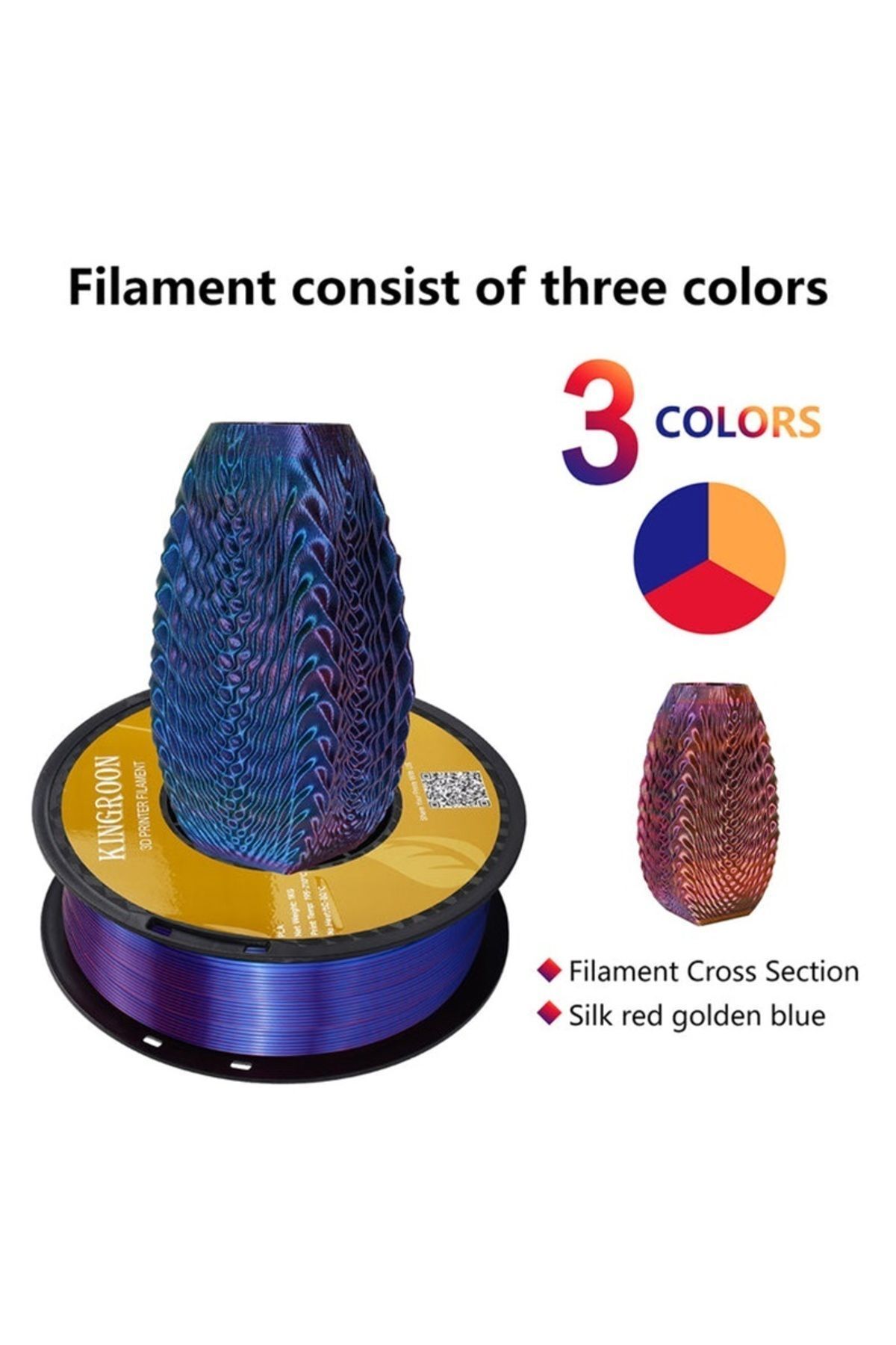 KINGROON PLA Silk üçlü renk Filament - Kırmızı Altın Mavi - 1,75 - 1KG