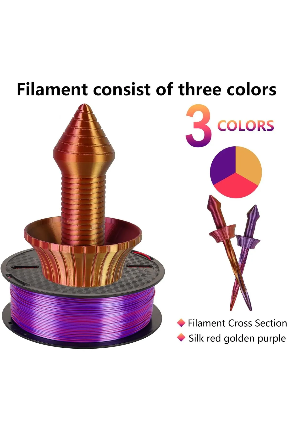 KINGROON PLA Silk Üçlü Renk Filament - Kırmızı Altın Mor - 1.75 mm - 1KG